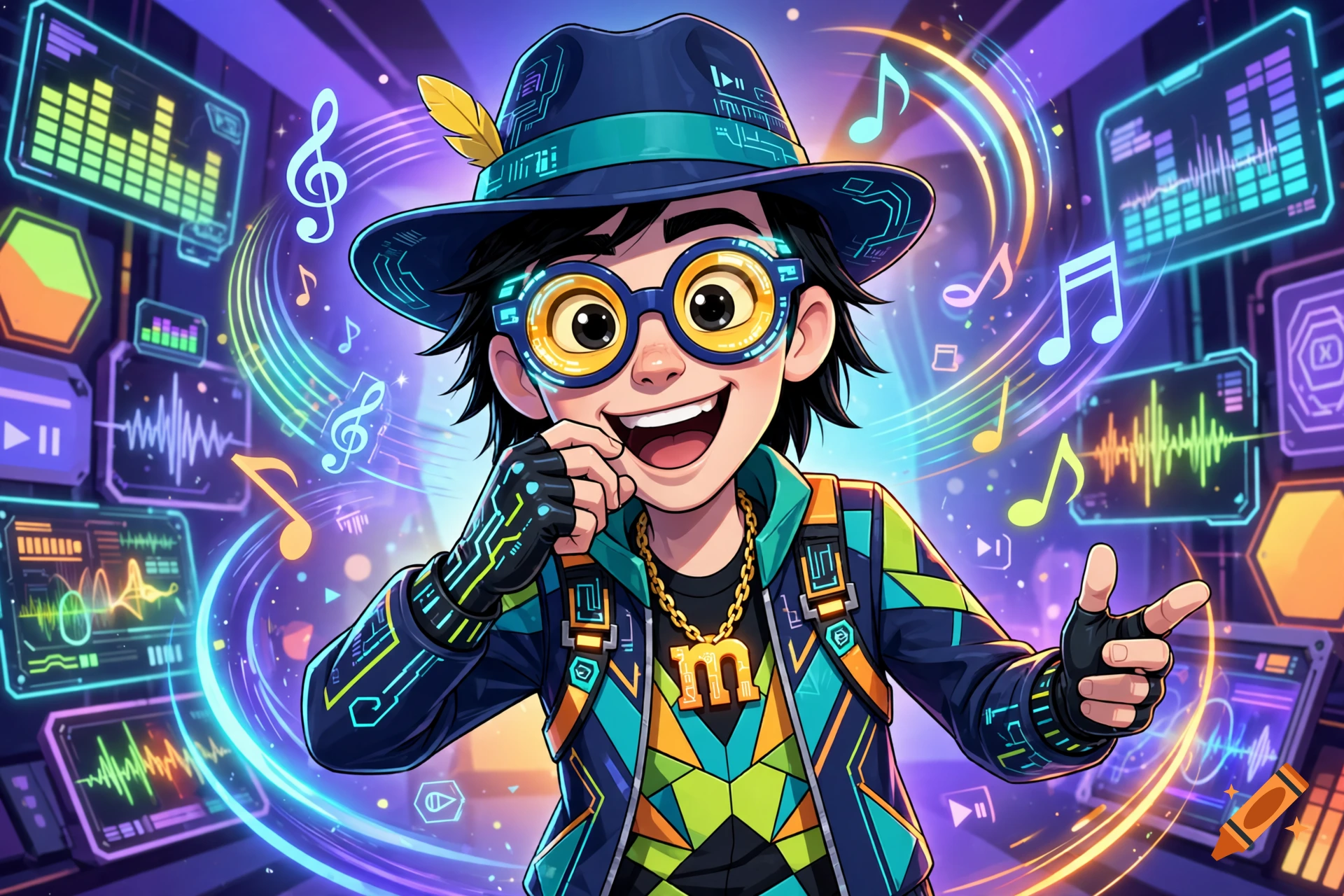 Digital illustration of a smiling anime-style young boy wearing a fedora and futuristic glasses, surrounded by glowing musical notes.