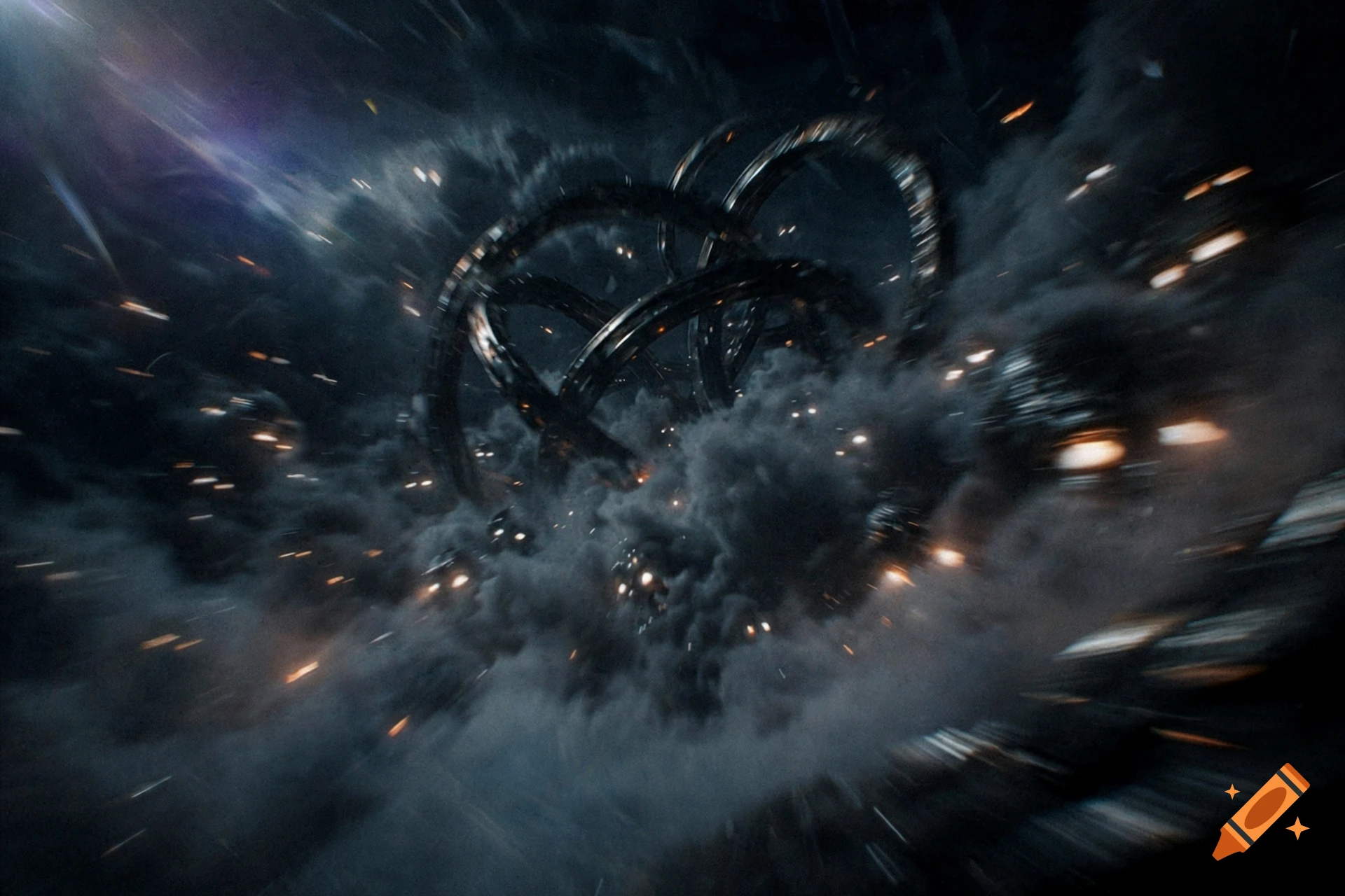 Blurry, grainy night photo of an interlocking ring celestial being with glowing eyes amidst dark swirling clouds.