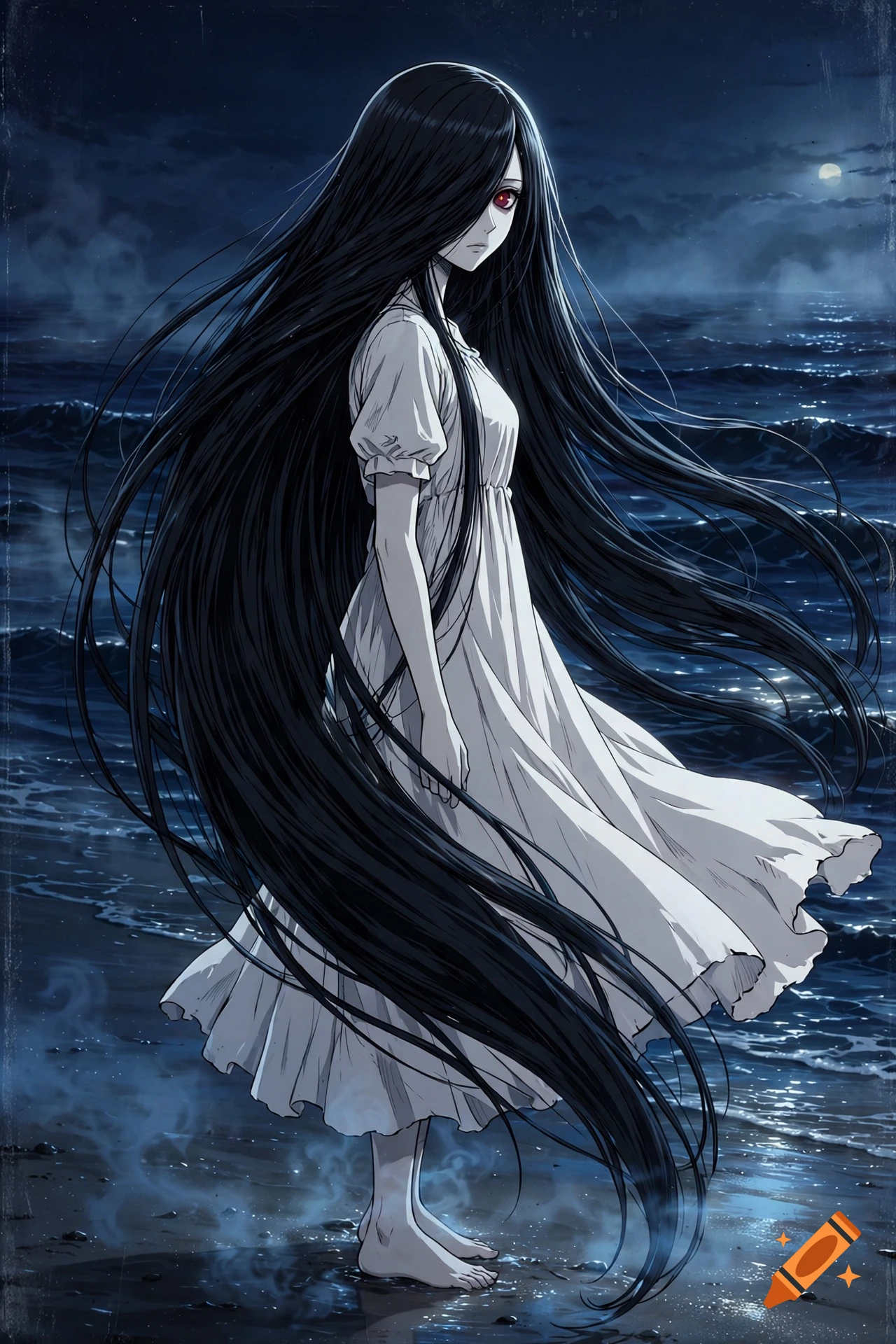Anime style illustration of a J-horror ghost woman with long black hair and a red eye, wearing a white dress on a midnight beach.
