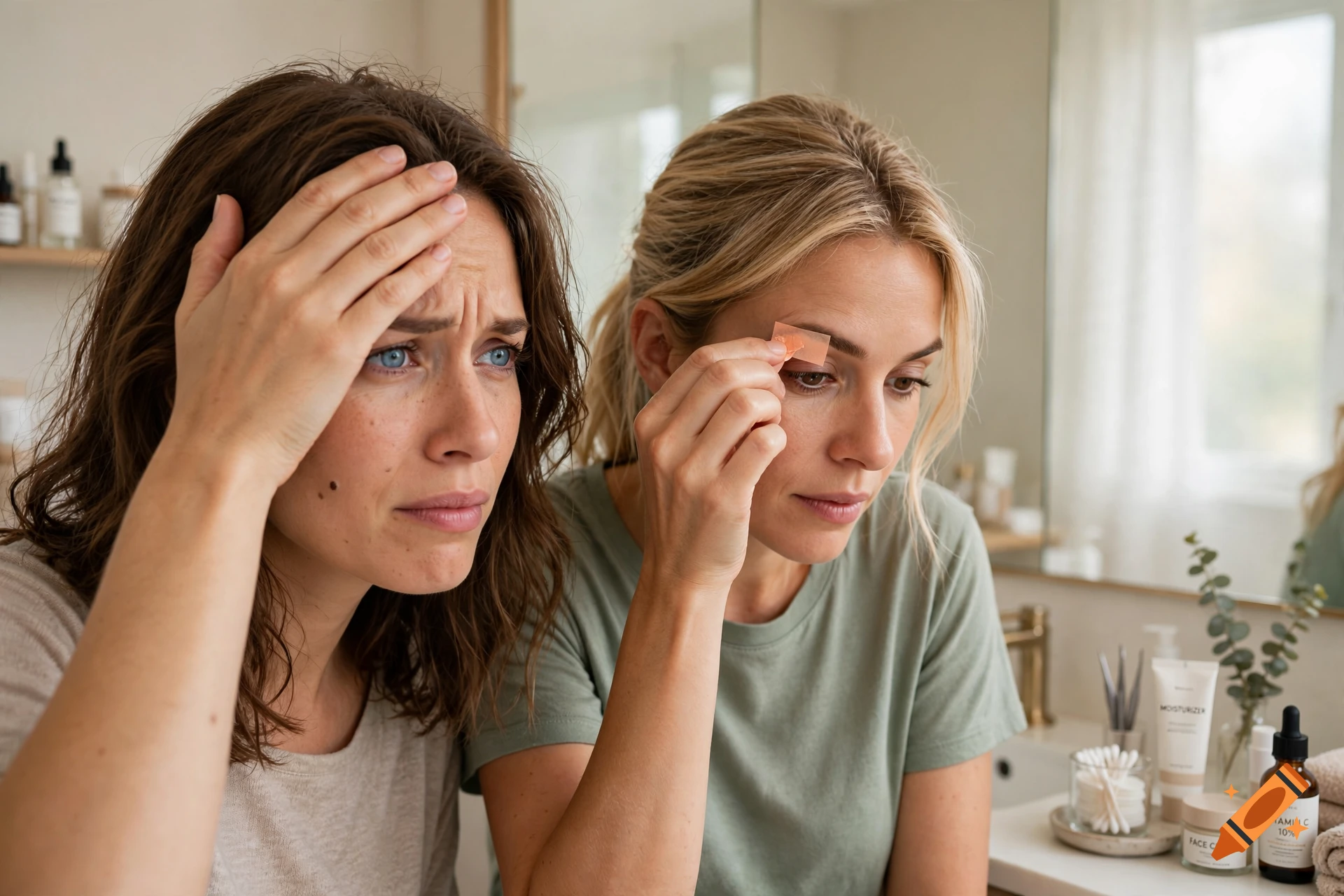 Photorealistic image of two young women in a bathroom, one with brown hair holding her hand to her forehead and the other with blonde hair applying a waxing strip to her eyebrow.