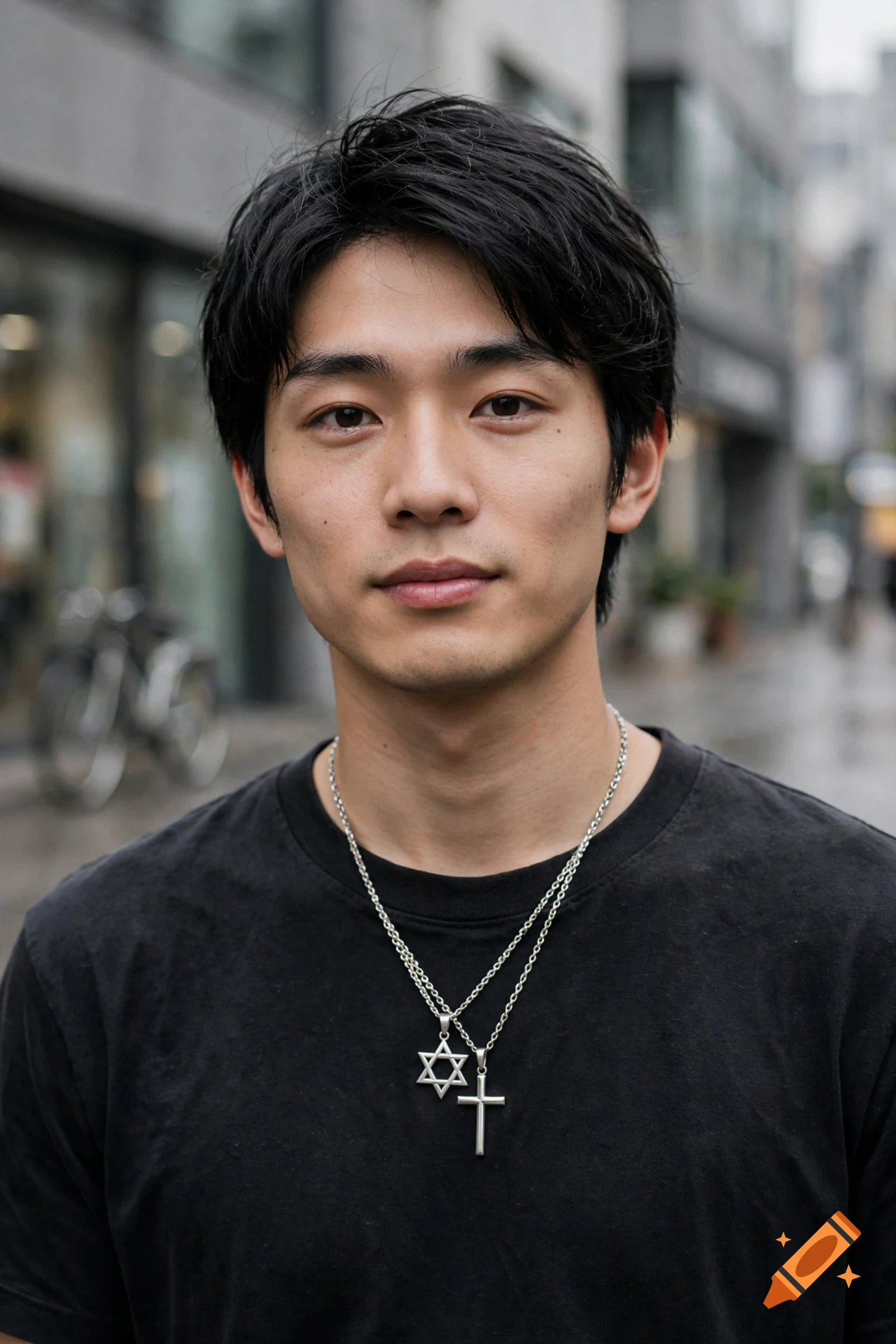 Photorealistic portrait of a young Japanese man wearing a black t-shirt and necklaces with a Star of David and a cross.