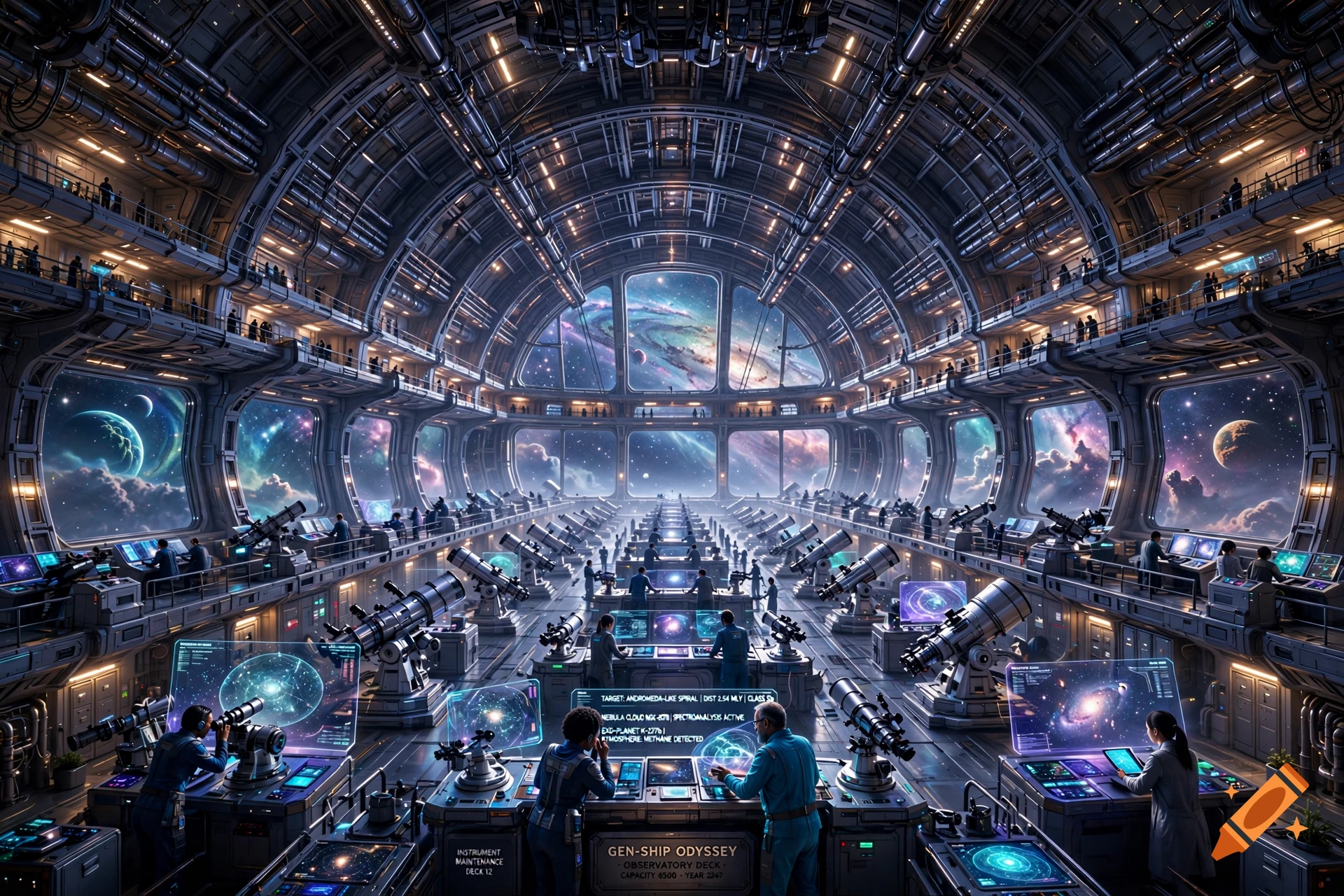 A detailed sci-fi observatory deck inside a giant spaceship filled with astronomers, telescopes, and holographic displays overlooking space.