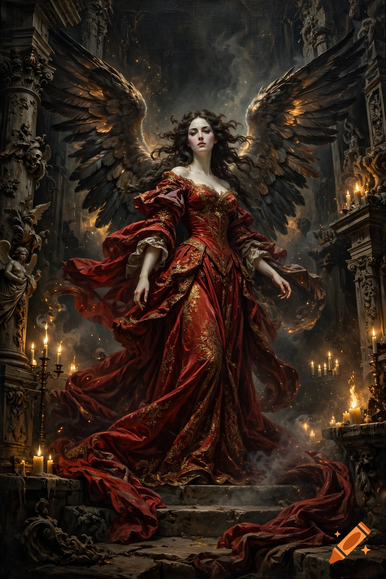 A majestic woman with large dark wings in a flowing red dress, standing in a candlelit stone hall in a baroque painting style.