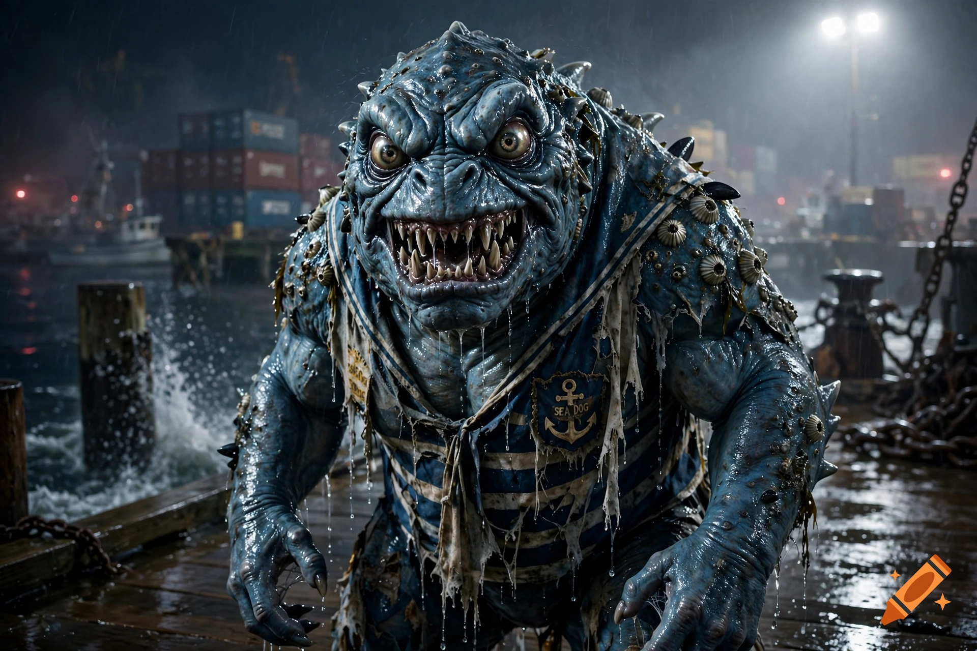 A terrifying blue sea monster in a sailor shirt standing on a wooden dock at night, photorealistic.