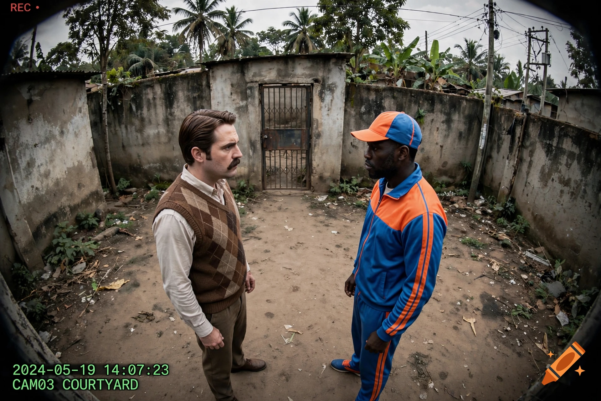 CCTV-style wide shot of two men standing in a courtyard facing each other, looking like Hello Neighbor and Blippi.