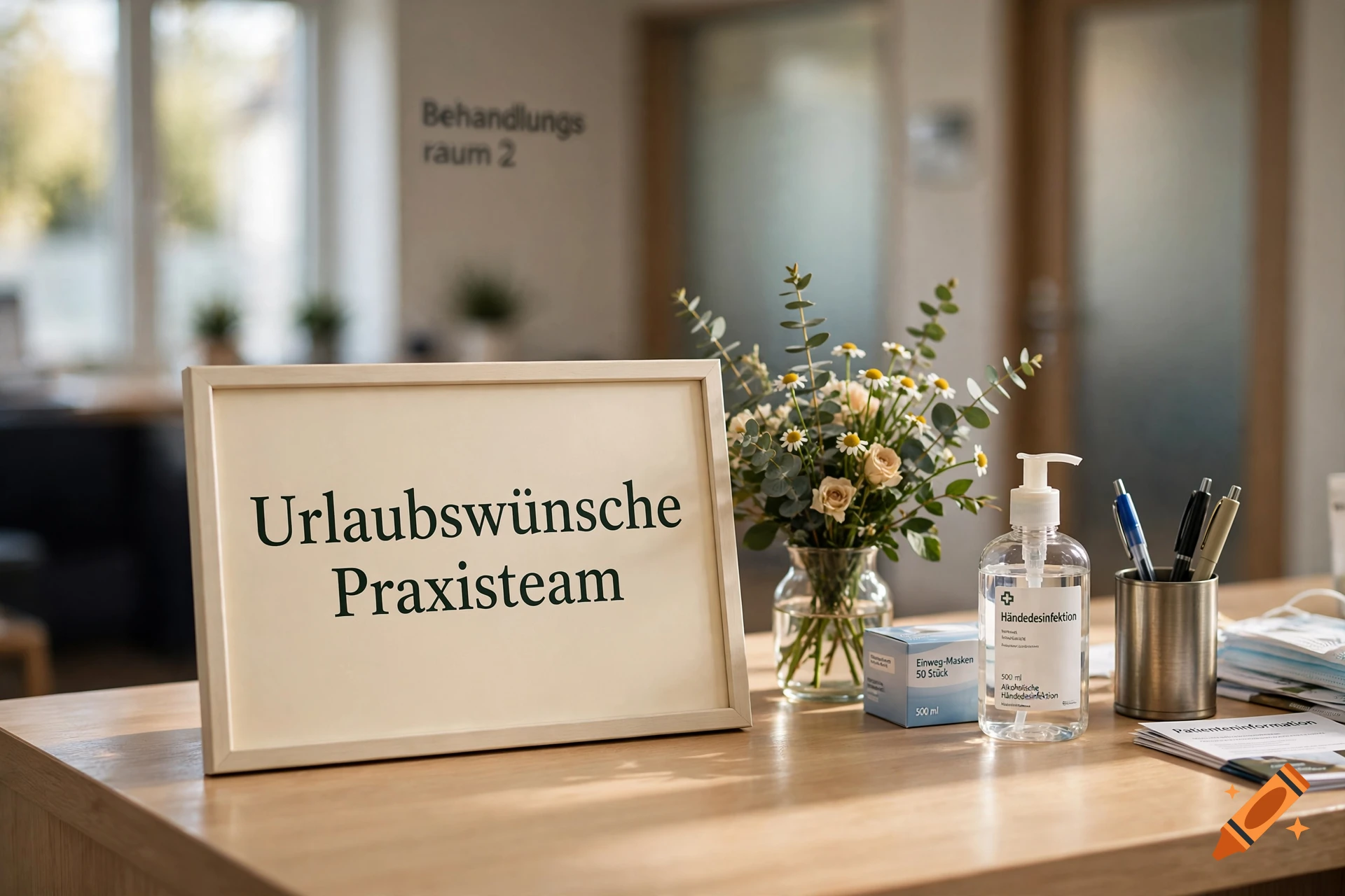 Photorealistic image of a wooden desk with a framed sign reading Urlaubswünsche Praxisteam, a vase of flowers, and hand sanitizer.