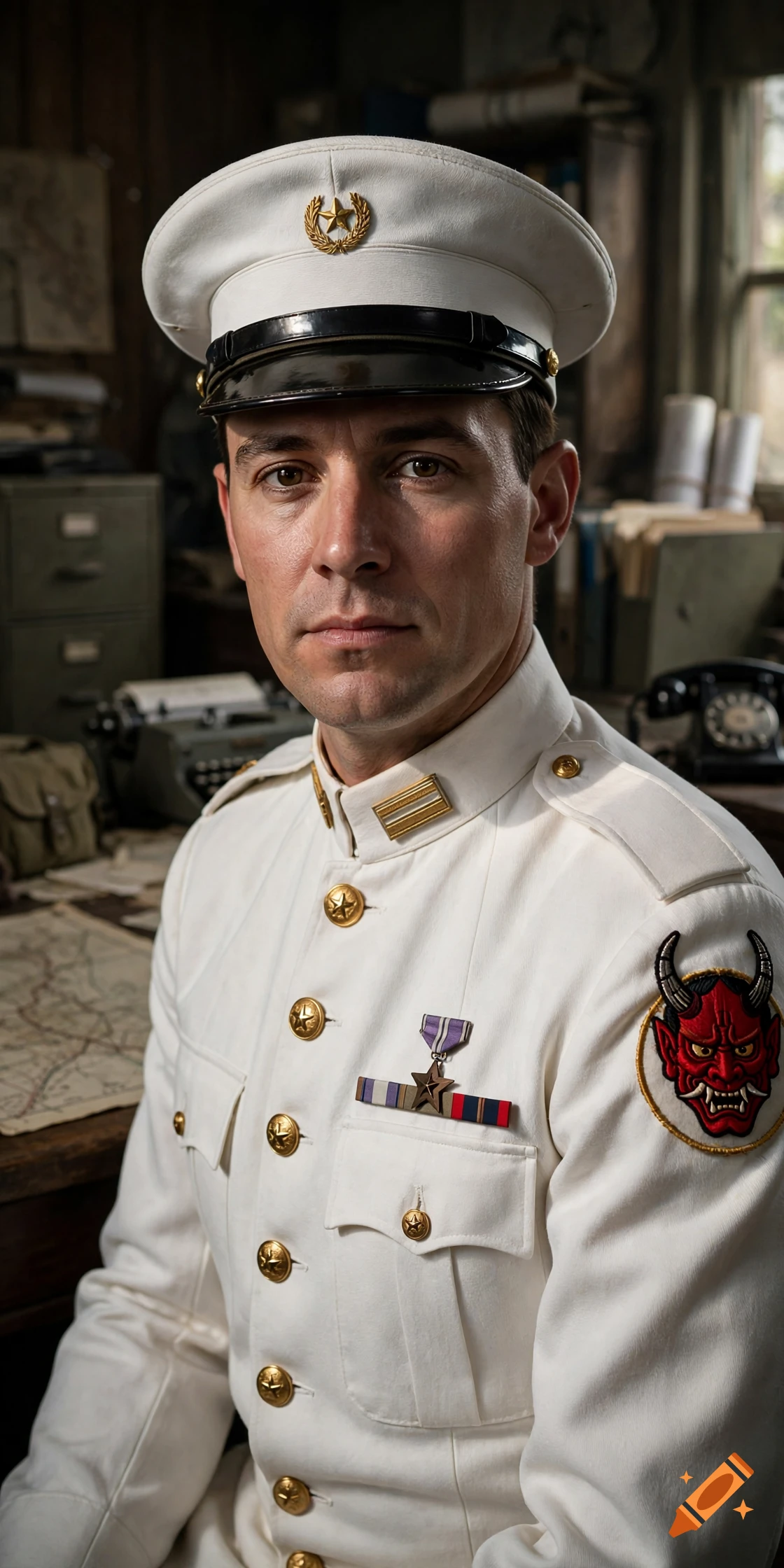 Photorealistic portrait of a male WWII officer in a white dress uniform with an oni shoulder patch in an office setting.