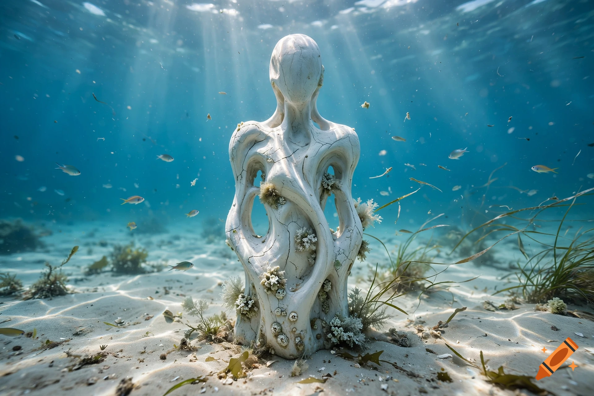 A photorealistic underwater scene featuring a mysterious white humanoid stone statue resting on the sandy ocean floor surrounded by fish and coral.