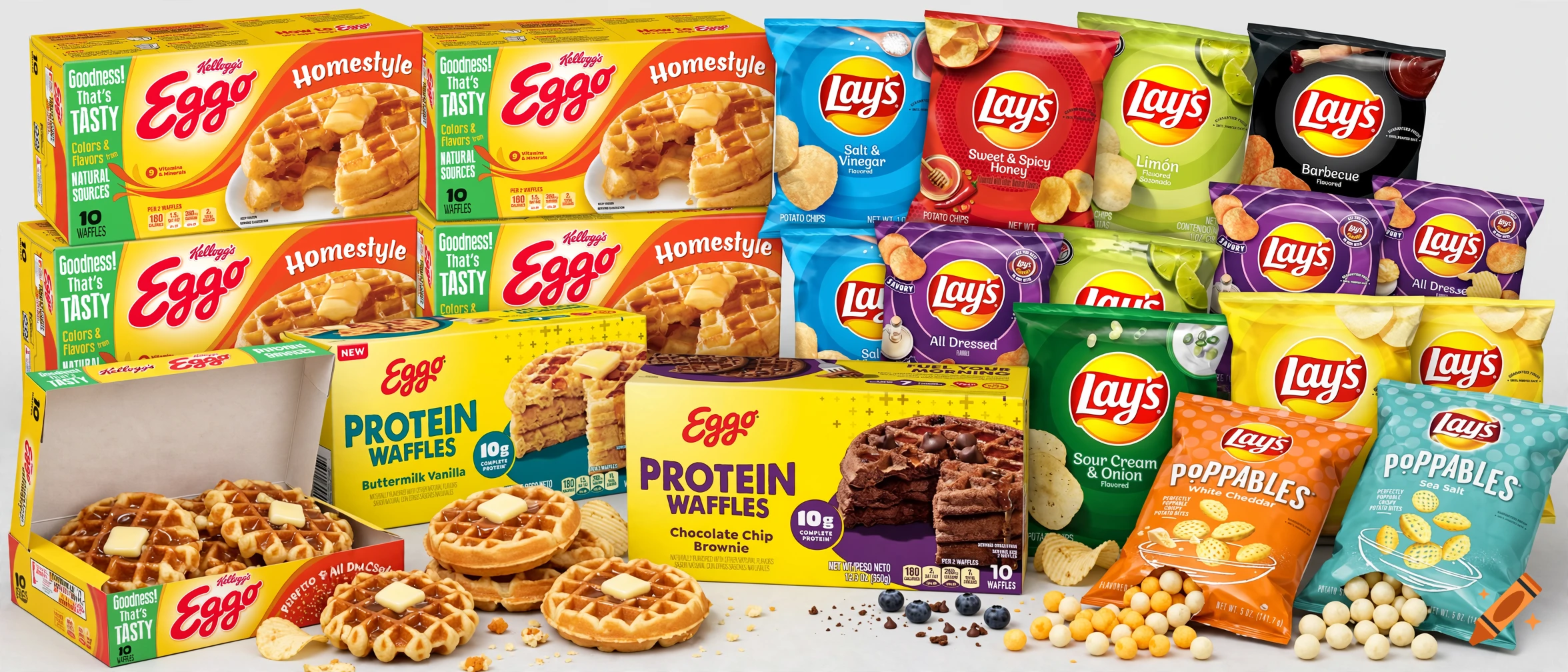 Collage of various Eggo waffle boxes and Lay's potato chip bags and poppables flavors on a white background.
