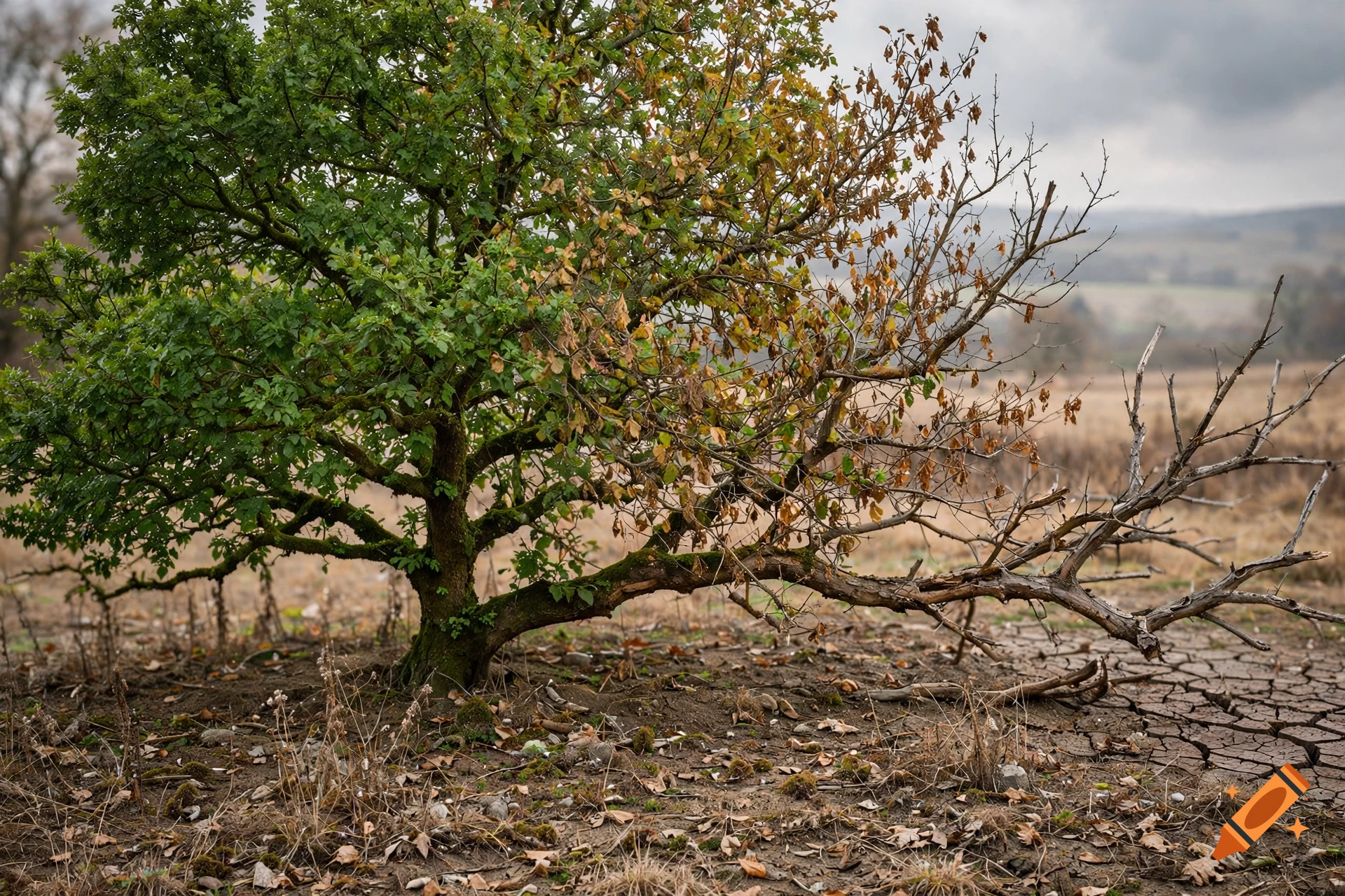 Photorealistic image of a single tree with lush green leaves on one half and dry, brown branches on the other, set in a desolate landscape.
