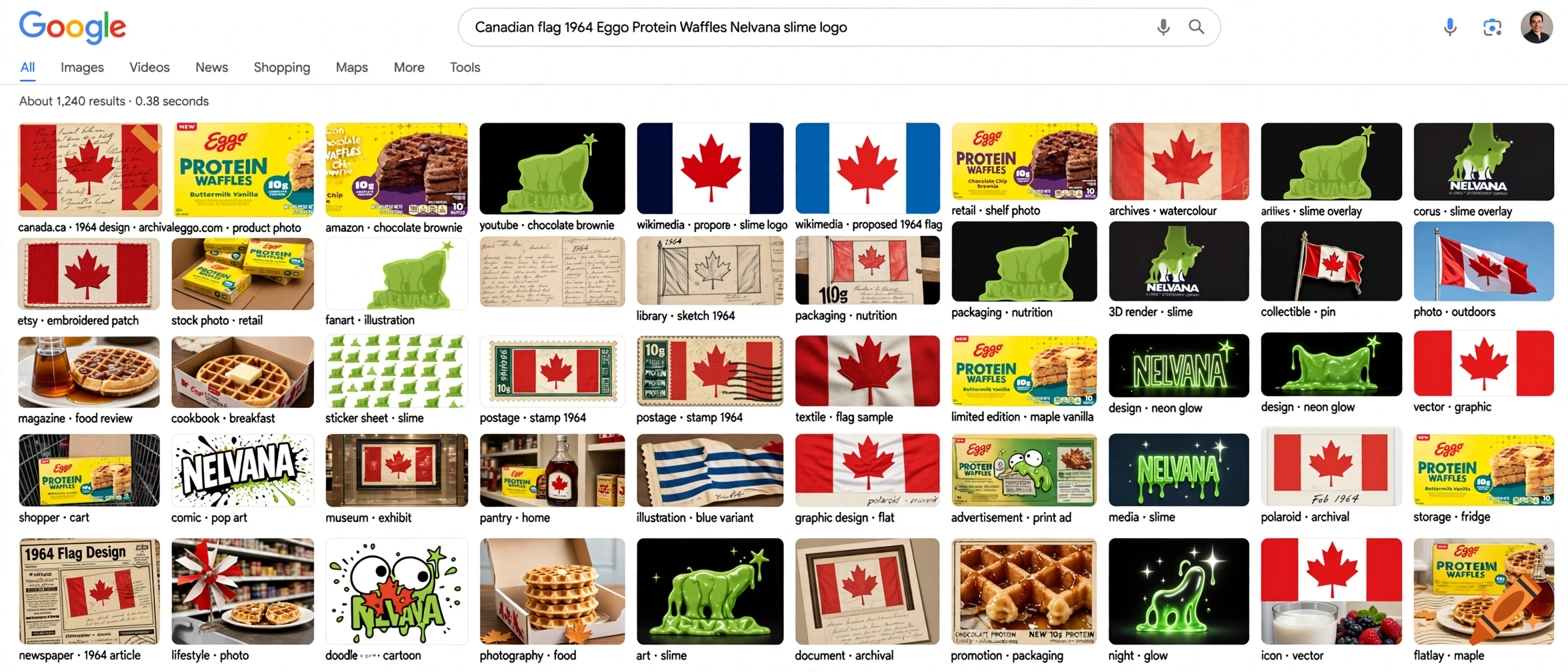 A simulated Google Images search results page displaying a grid of images featuring the Canadian flag, Eggo waffles, and Nelvana slime logo.