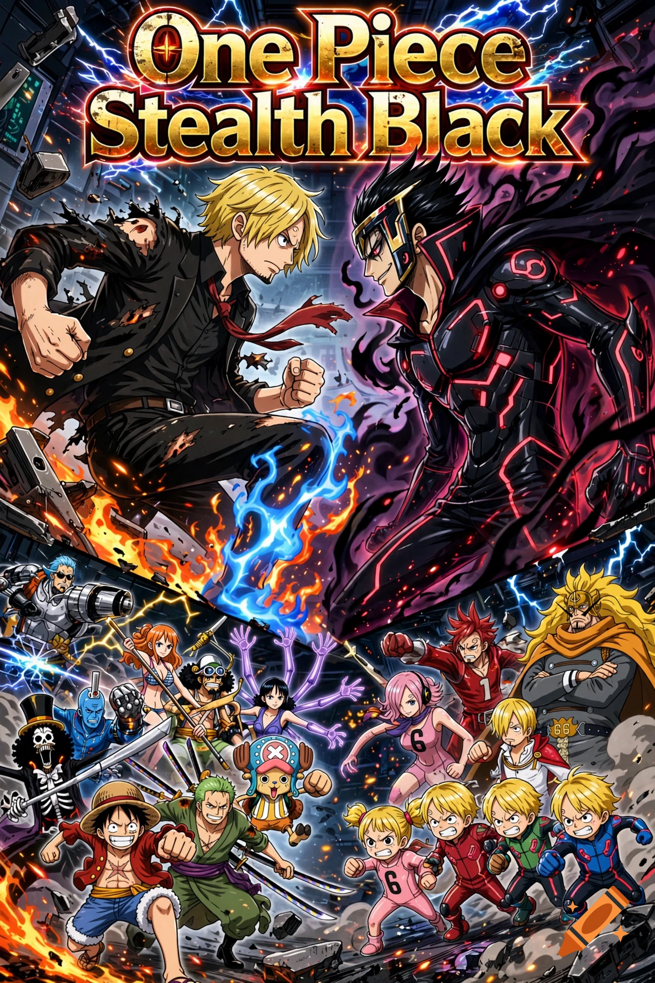 Anime poster style illustration of a battle between Sanji and his stealth black clone, with Straw Hat pirates and Vinsmoke family.