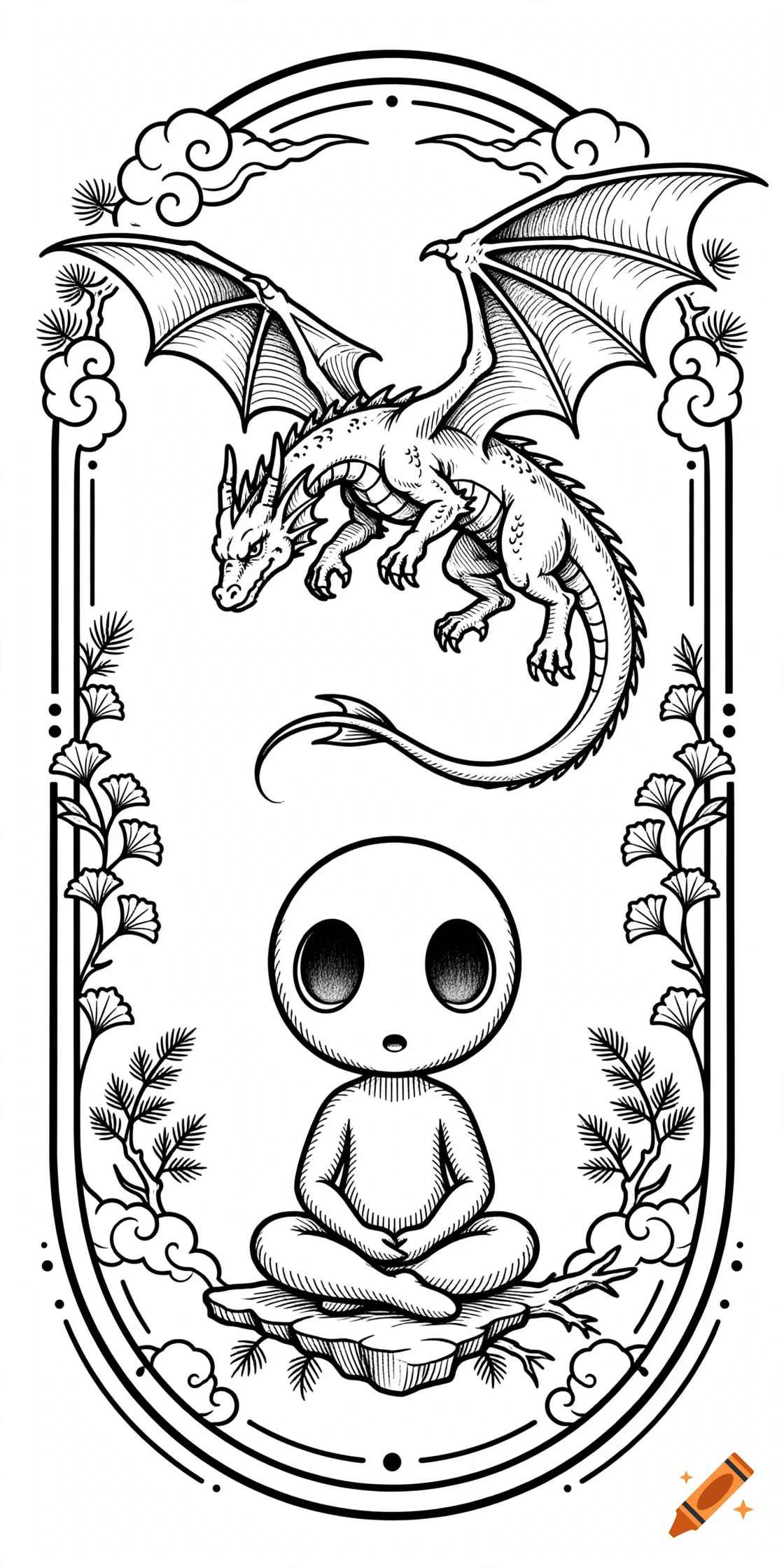 Black and white tattoo style illustration of a sitting kodama with a small winged dragon flying above it, framed in an ornate border.