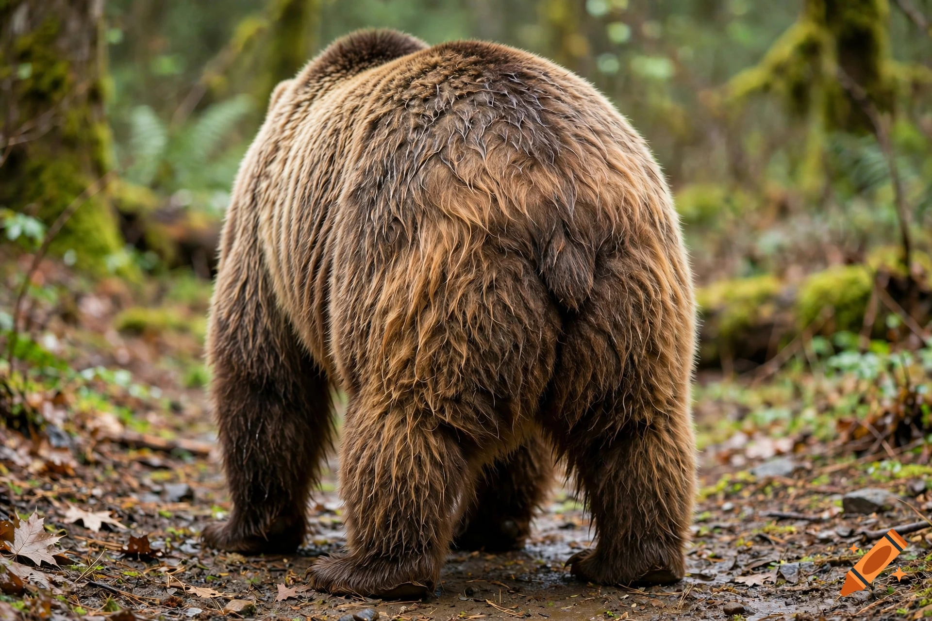Photorealistic rear view of a brown bear walking on a forest trail among trees and moss.