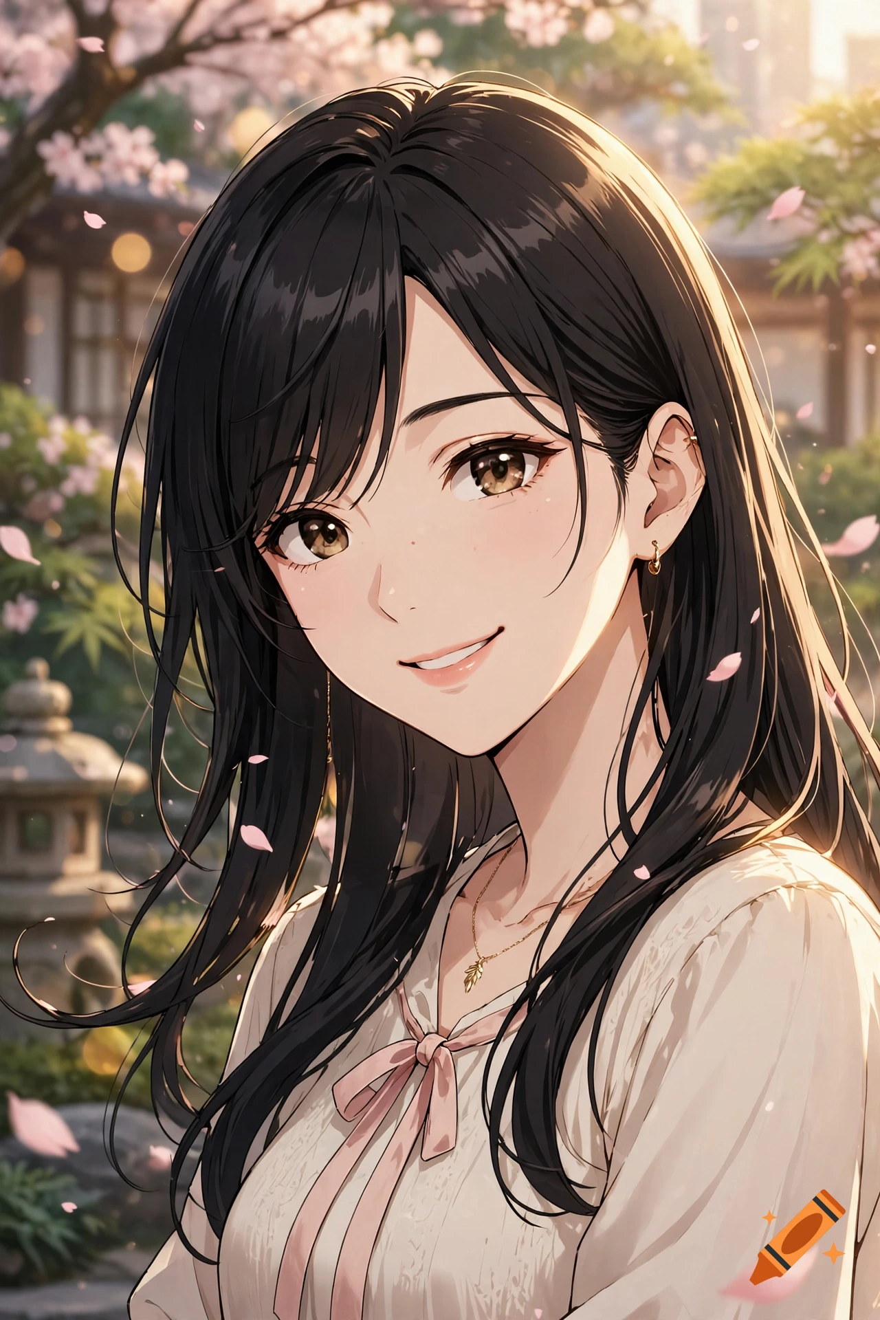 Close-up portrait of a young Japanese woman with long dark hair smiling gently, in an anime style against a blurred garden background.