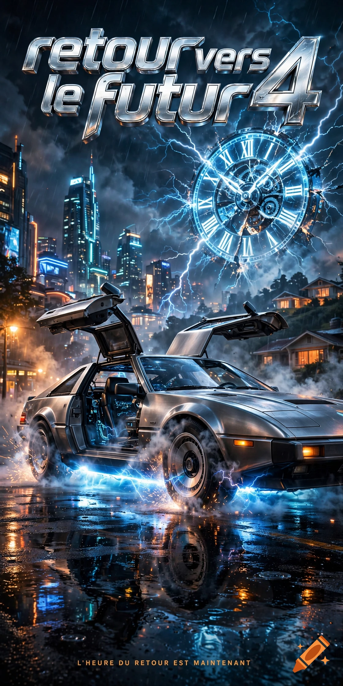 Movie poster for Back to the Future 4 featuring a DeLorean time machine with gull-wing doors open, glowing clock, and futuristic city background.