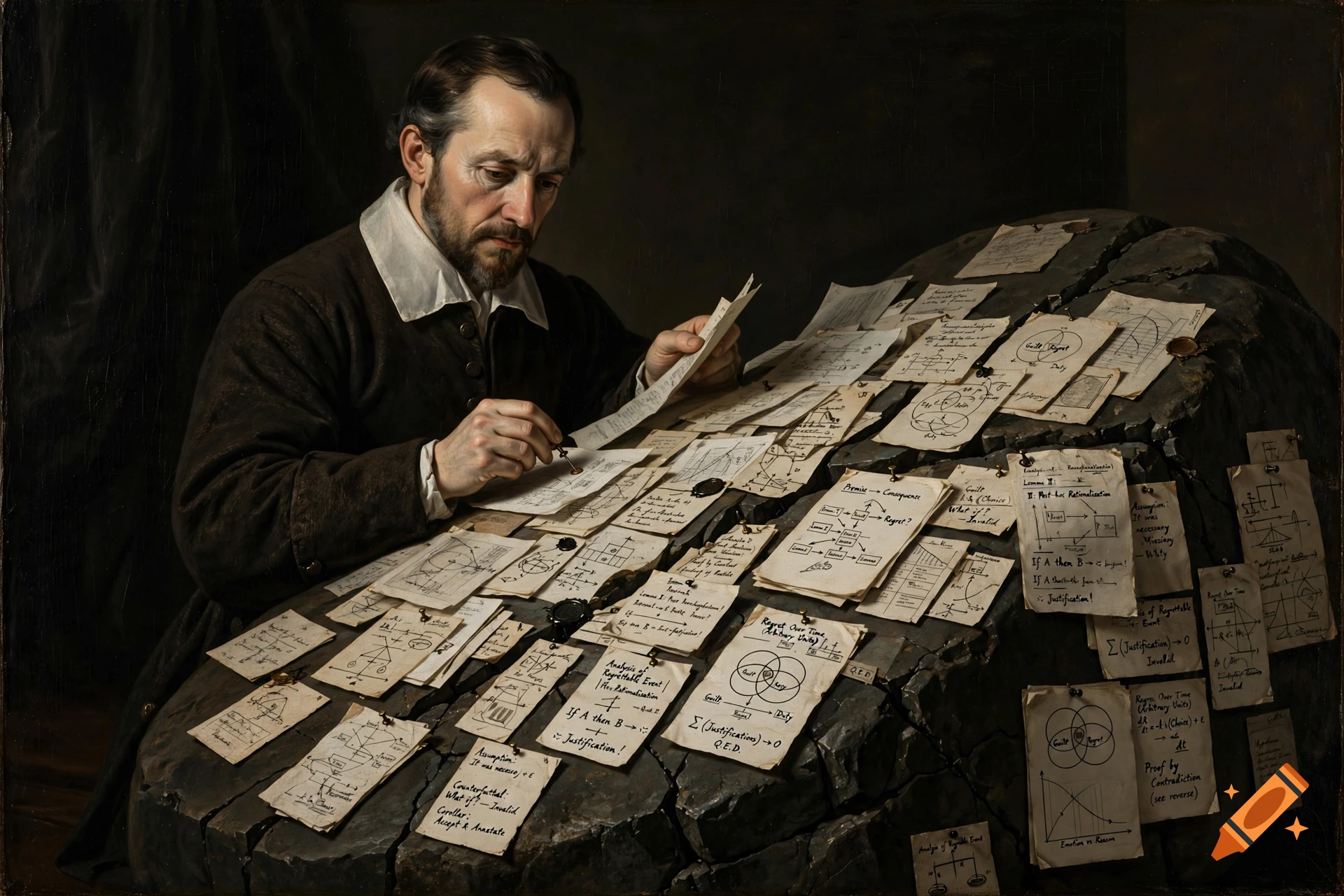 17th-century style oil painting of a man pinning numerous logical diagrams and notes onto a large cracked stone.