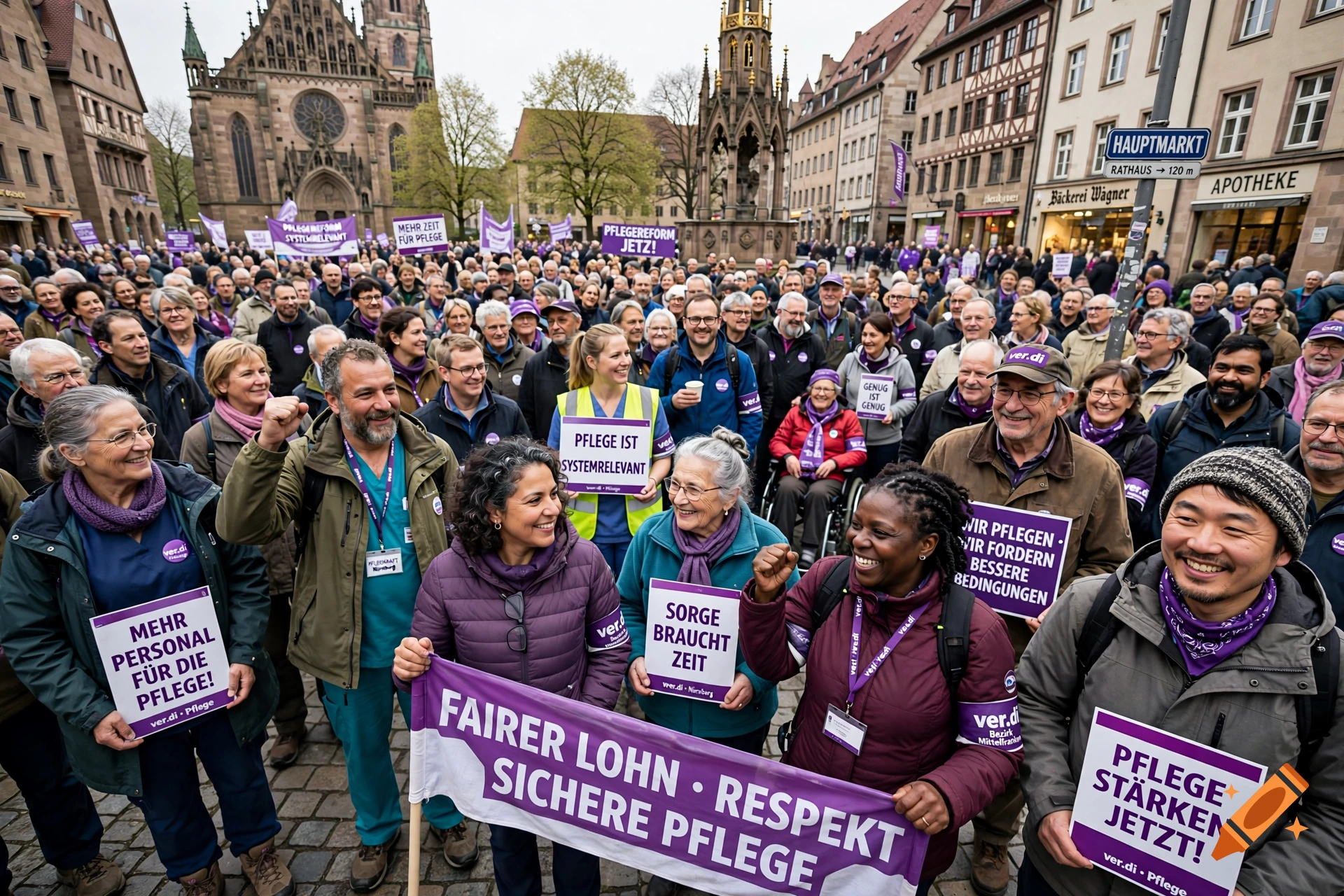 Photorealistic photo of a large group of elderly care workers protesting in a German marketplace holding banners.