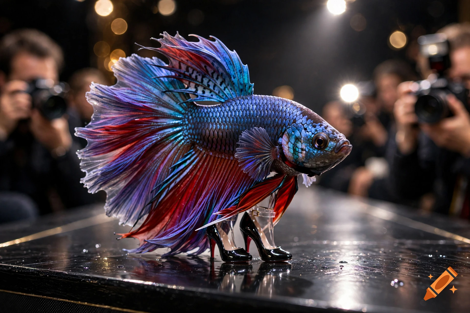 Photorealistic image of a blue and red betta fish standing on miniature black high heels at a fashion show runway.