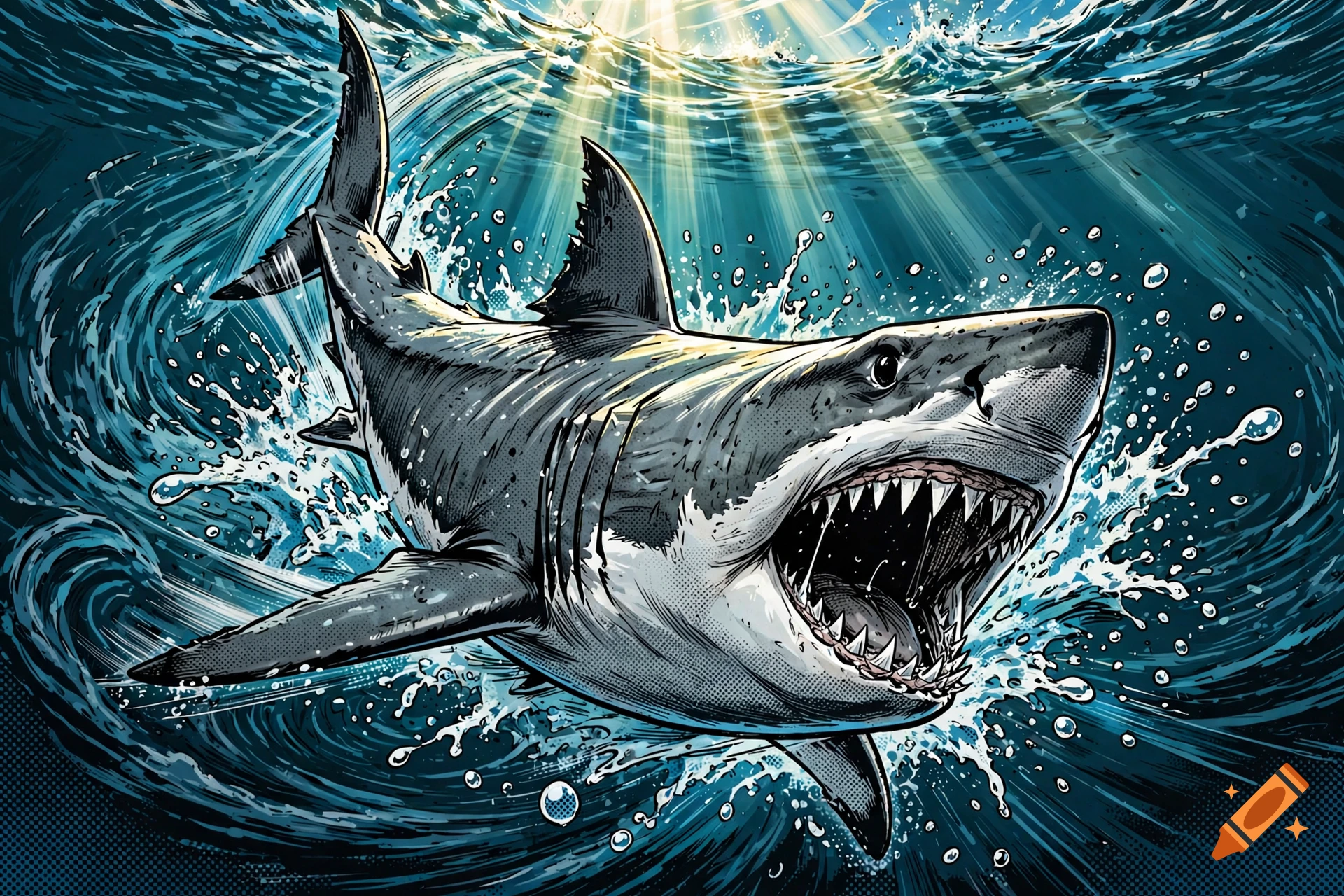 Comic book style illustration of a great white shark swimming aggressively with its mouth open through turbulent ocean water.
