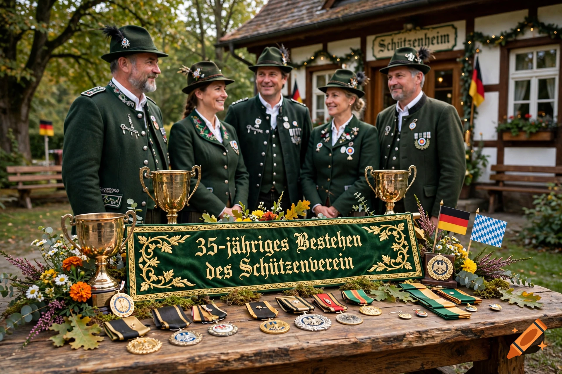 Five members of a shooting club in traditional German attire standing behind a table with trophies and medals, photorealistic.
