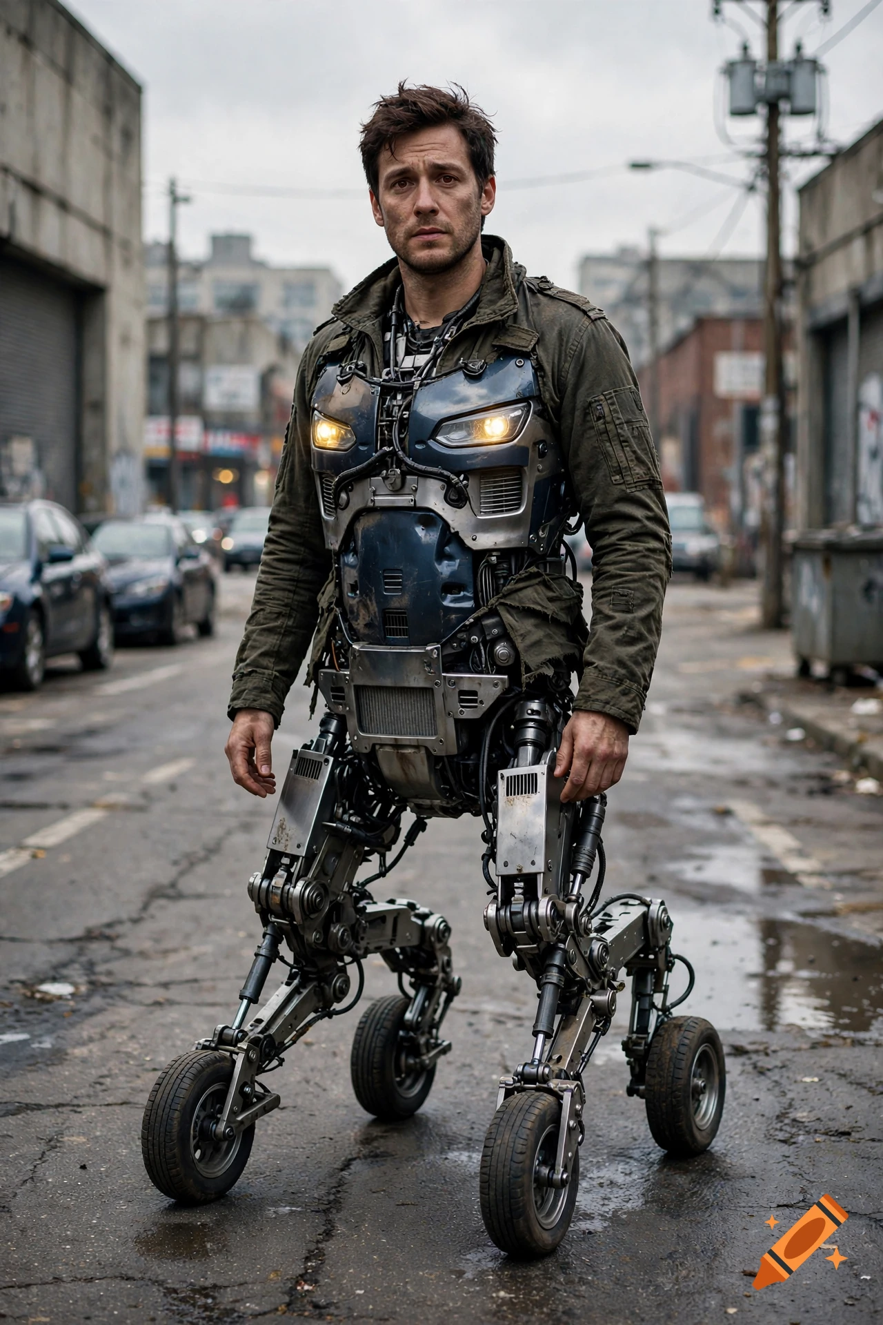 Photorealistic image of a man's torso and head combined with a robotic lower body featuring wheels and mechanical legs in a city street.