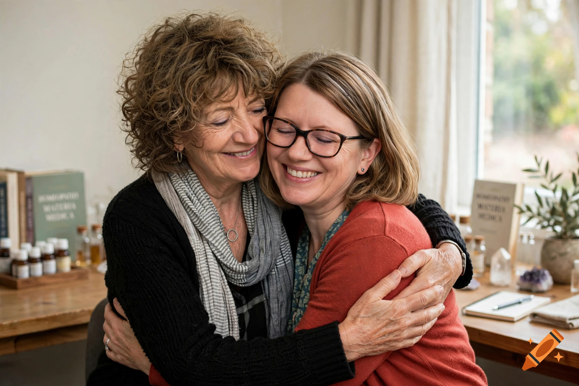 Two women smiling and embracing warmly in a brightly lit room with books and plants in the background.
