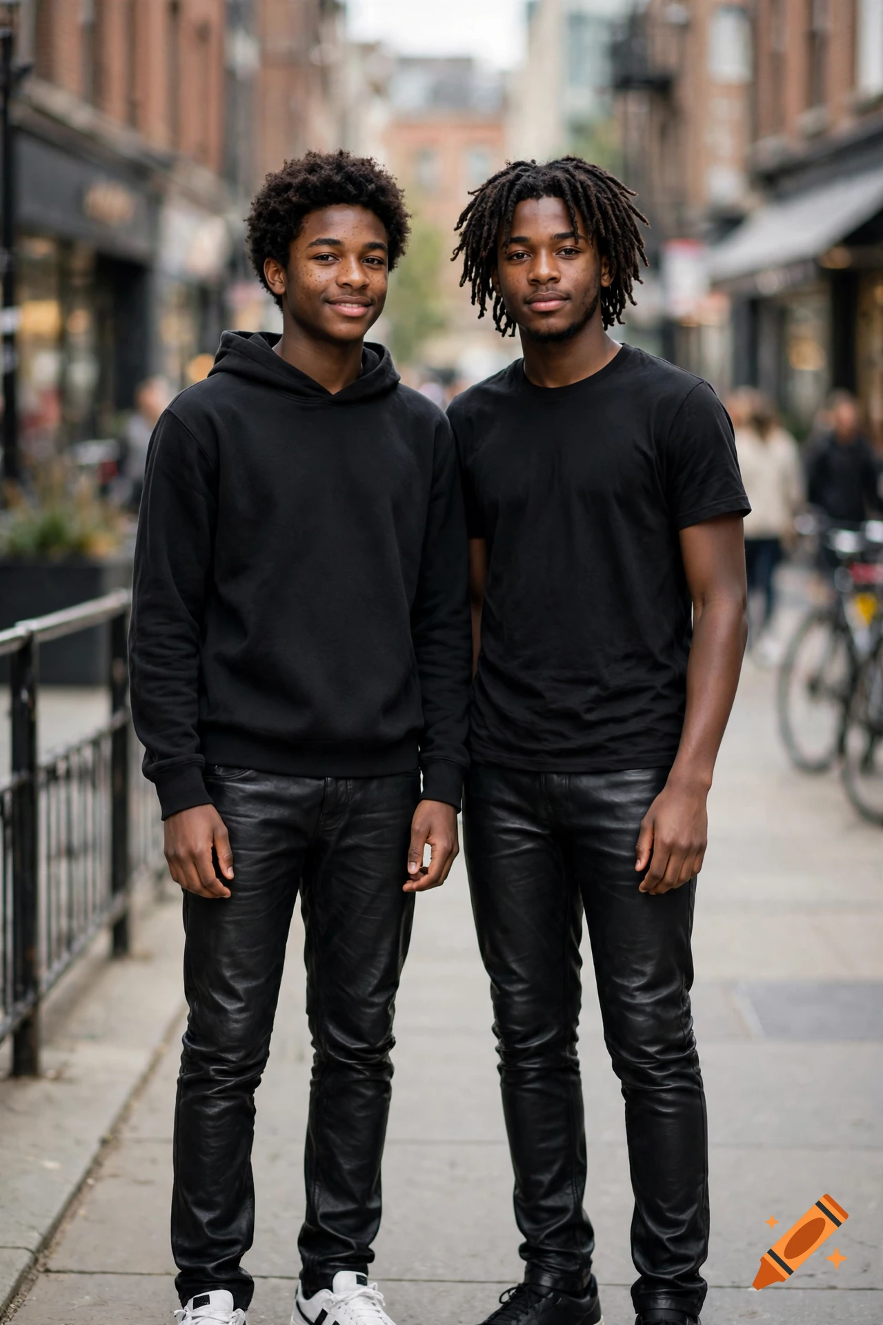 Photorealistic full-body portrait of two young Black teenage boys standing on a city street in leather pants and black shirts.