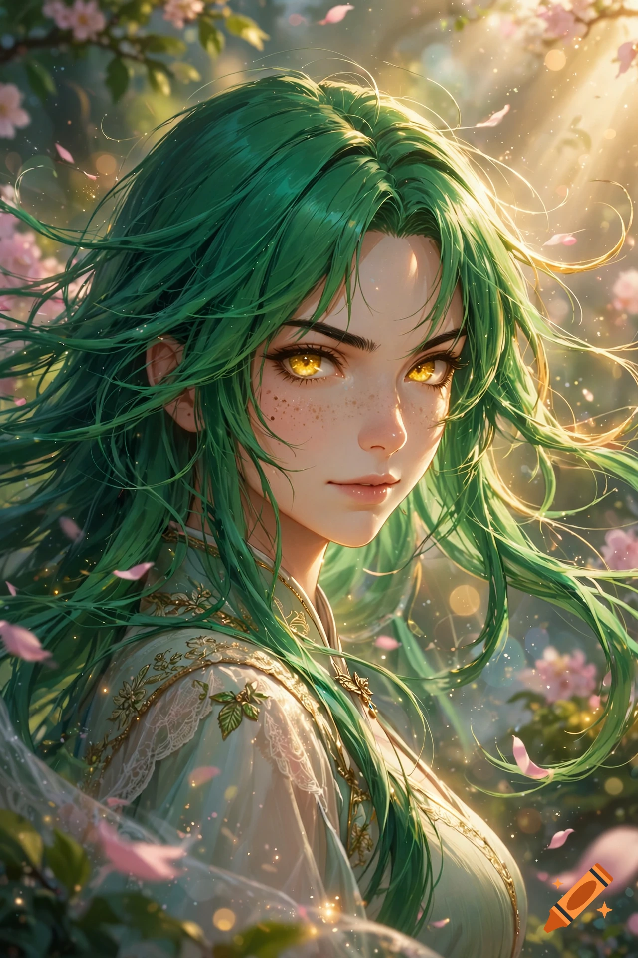 Close-up digital art portrait of a fantasy woman with bright green hair, yellow eyes, and freckles, amidst a sunlit cherry blossom garden.