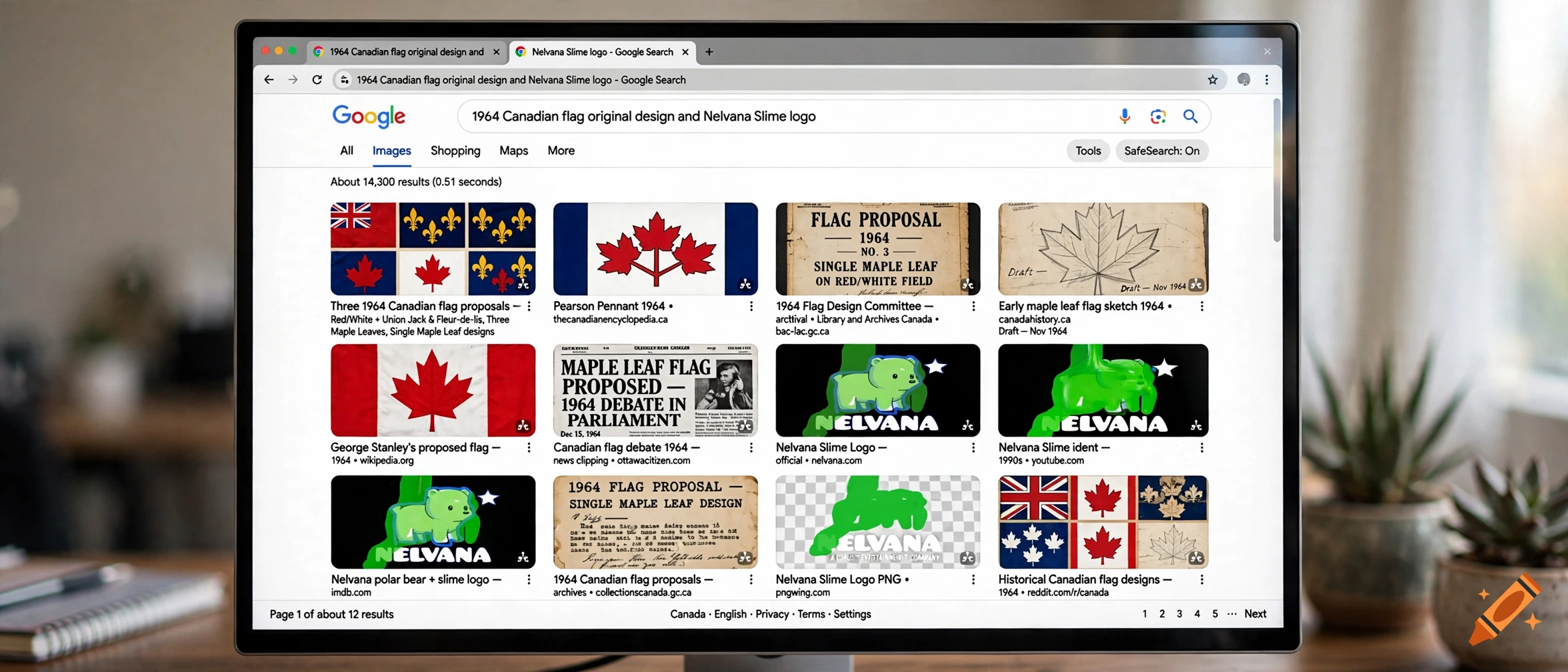 A computer monitor displaying a Google image search for 1964 Canadian flag and Nelvana Slime logo.