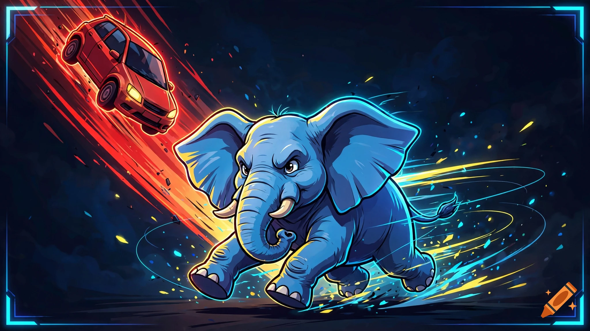 Cell-shaded digital illustration of a fierce blue elephant dodging a fast-moving red car amidst glowing neon effects.