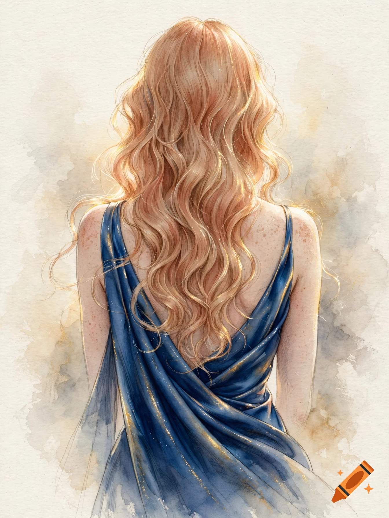 Watercolor drawing of a woman from behind, with long wavy strawberry blonde hair and a blue silk dress.