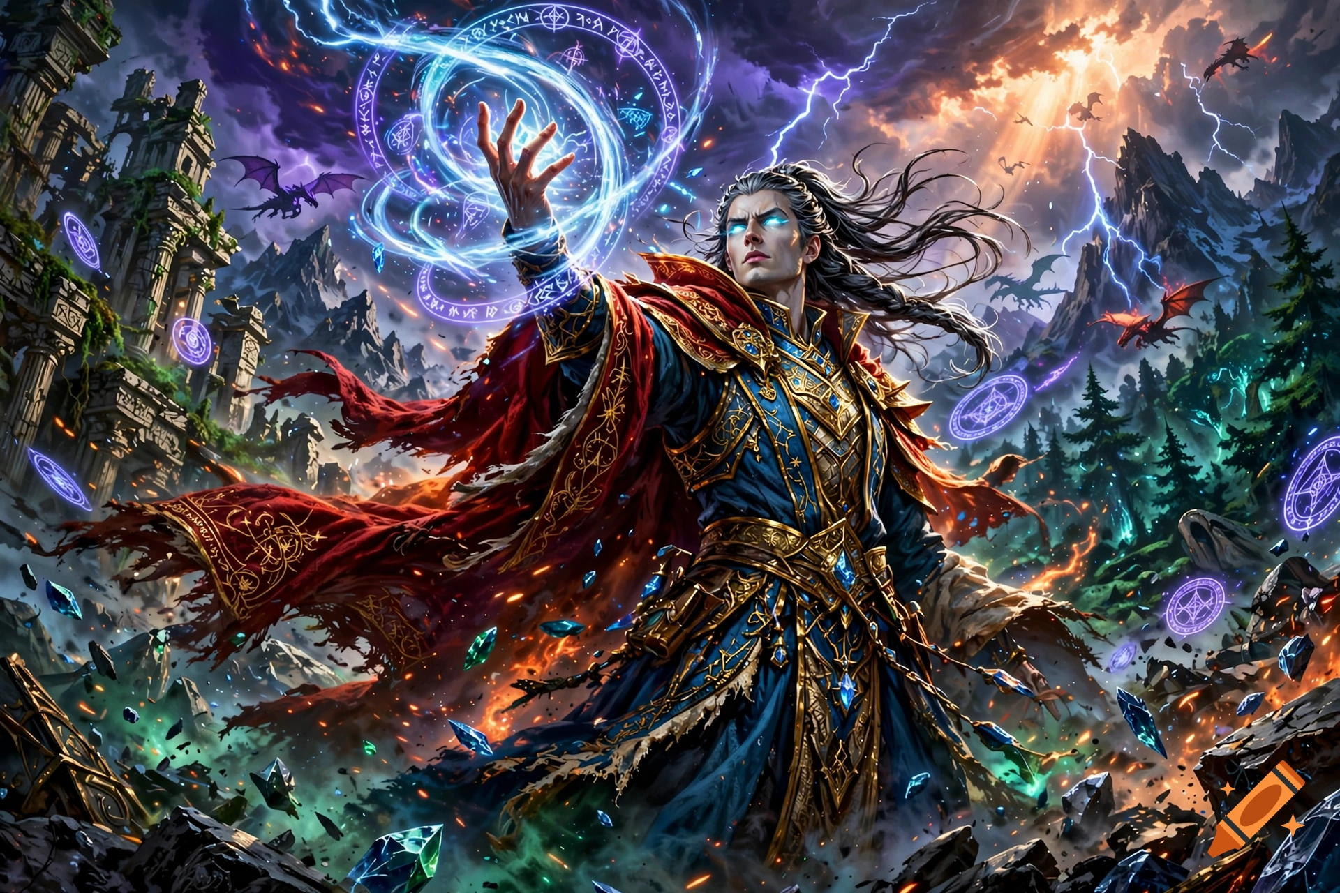 Digital illustration of a powerful wizard casting magic with glowing runes, floating crystals, and dragons in a stormy mountainous landscape.
