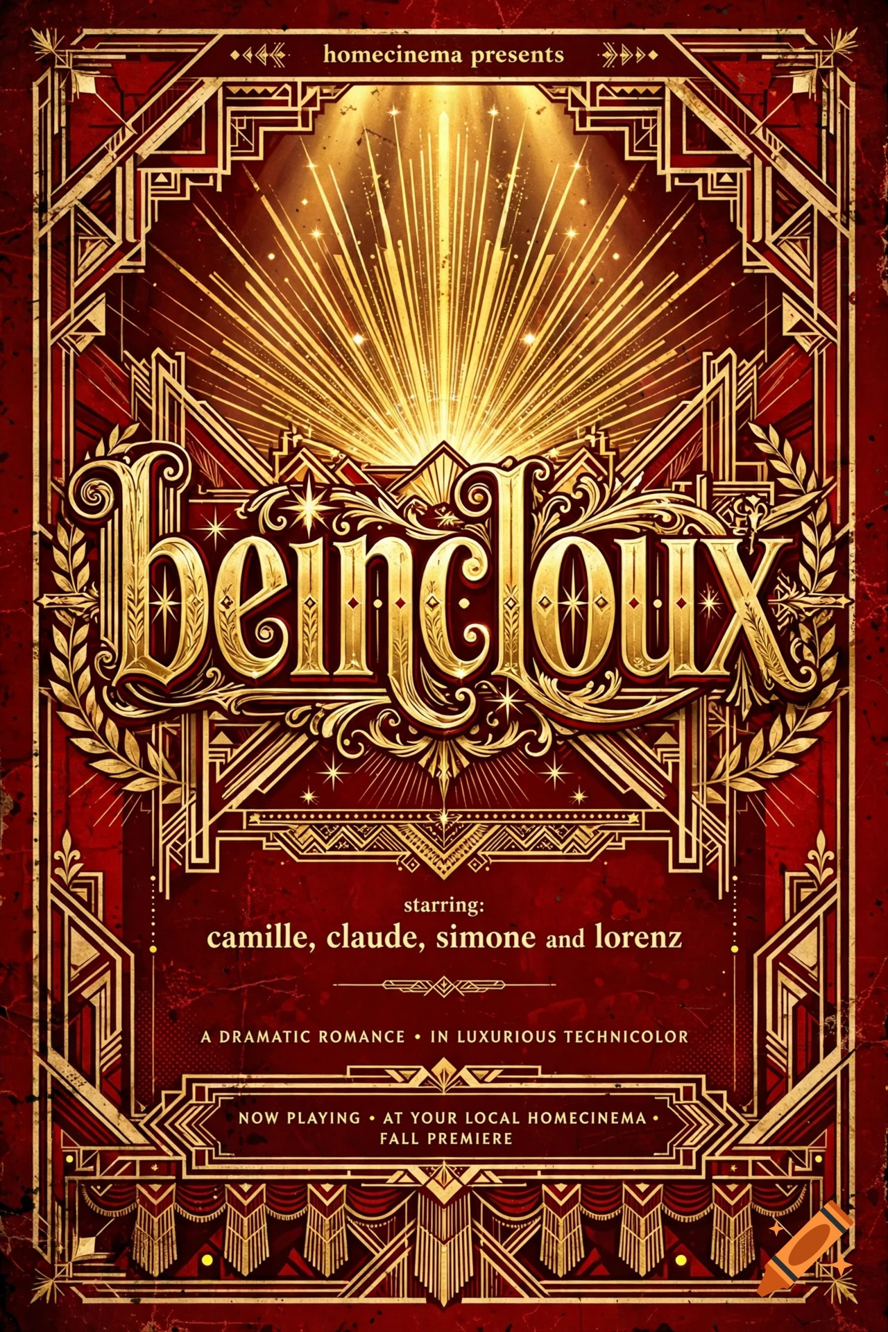 Art Deco style red and gold movie poster with ornate geometric patterns, a starburst at the top, and the title beincloux.