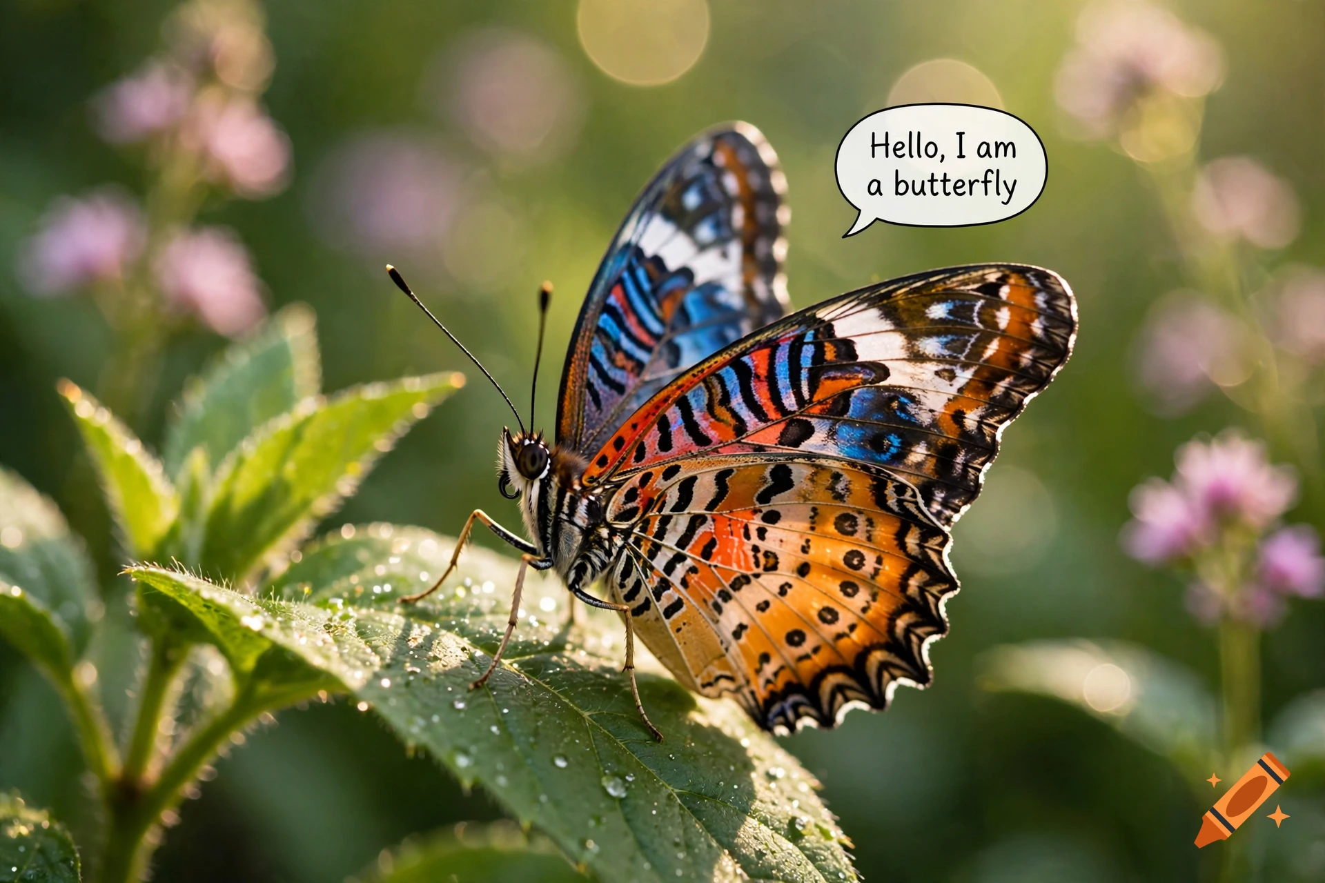 Photorealistic close-up of a colorful butterfly perched on a dewy green leaf with a speech bubble reading 'Hello, I am a butterfly'.