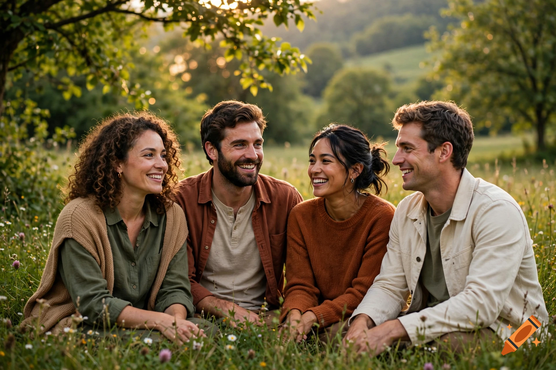 Four friends smiling and laughing together sitting in a grassy field during golden hour.