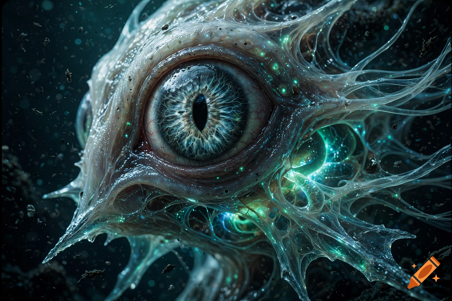 Macro photograph of a luminous alien deep-sea creature with a complex glowing eye and translucent gelatinous flesh in the dark ocean.