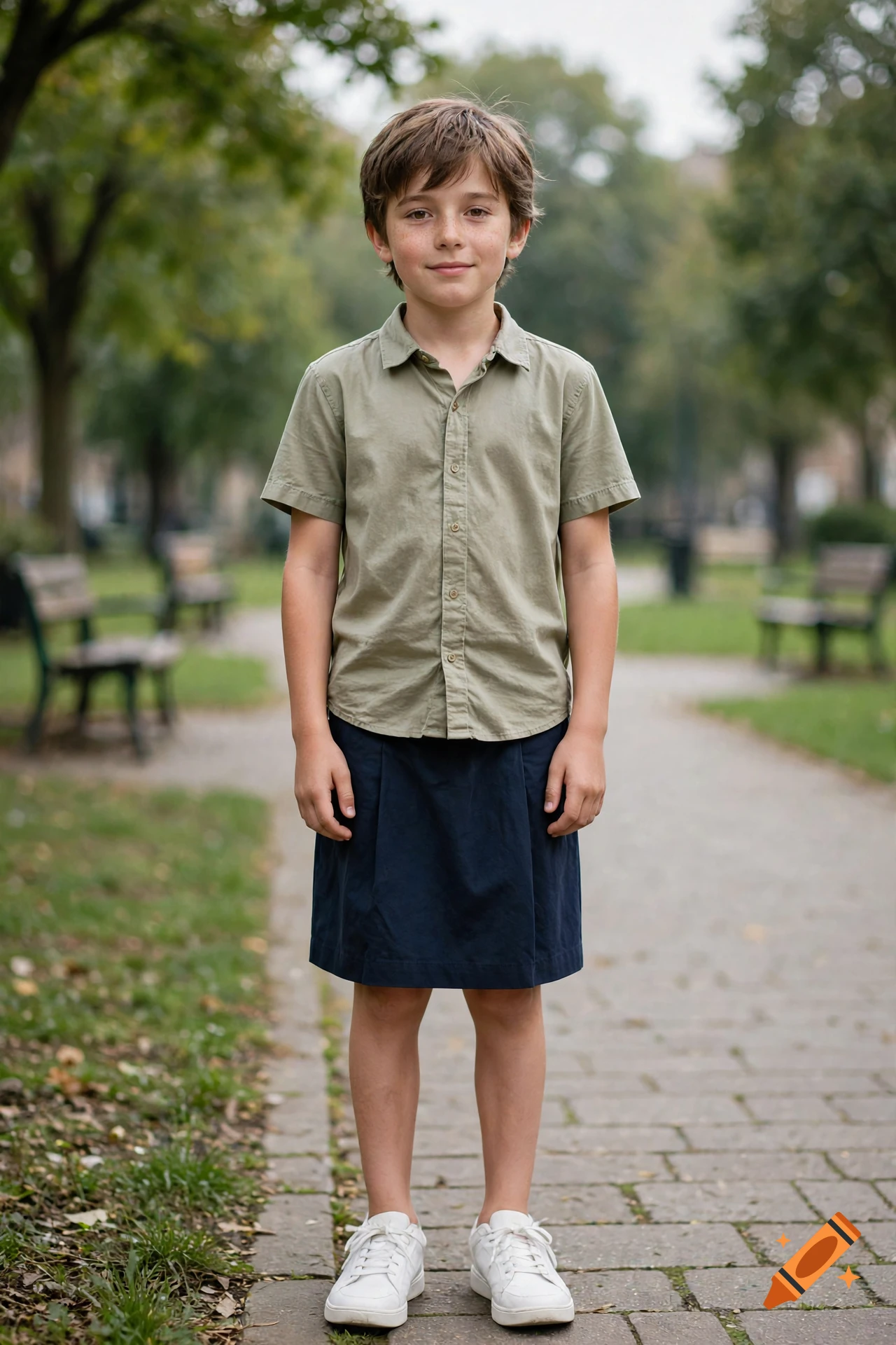 Photorealistic portrait of a young boy standing on a paved park pathway, wearing a green button-down shirt and a dark skirt.