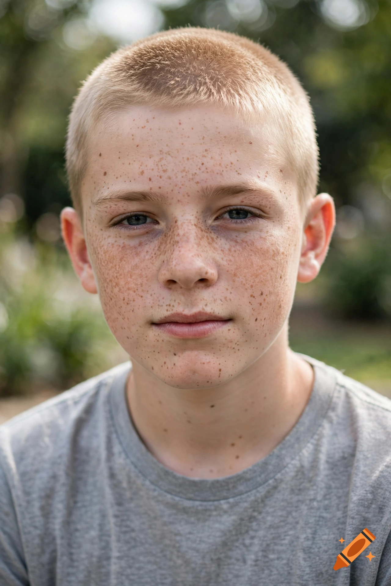 Close-up portrait of a young boy with a buzz cut, blue eyes, and freckles, wearing a grey t-shirt outdoors.