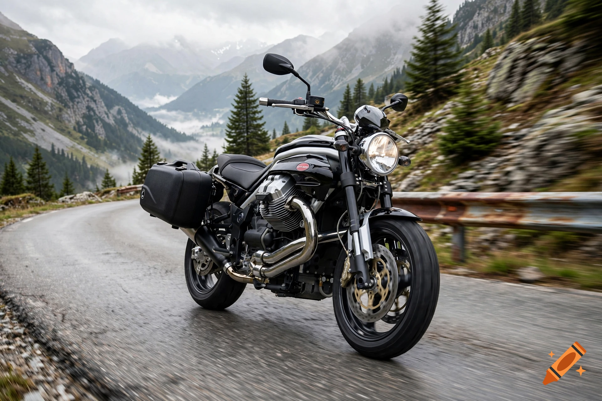 Photorealistic image of a black motorcycle riding on a wet mountain road through the Alps.