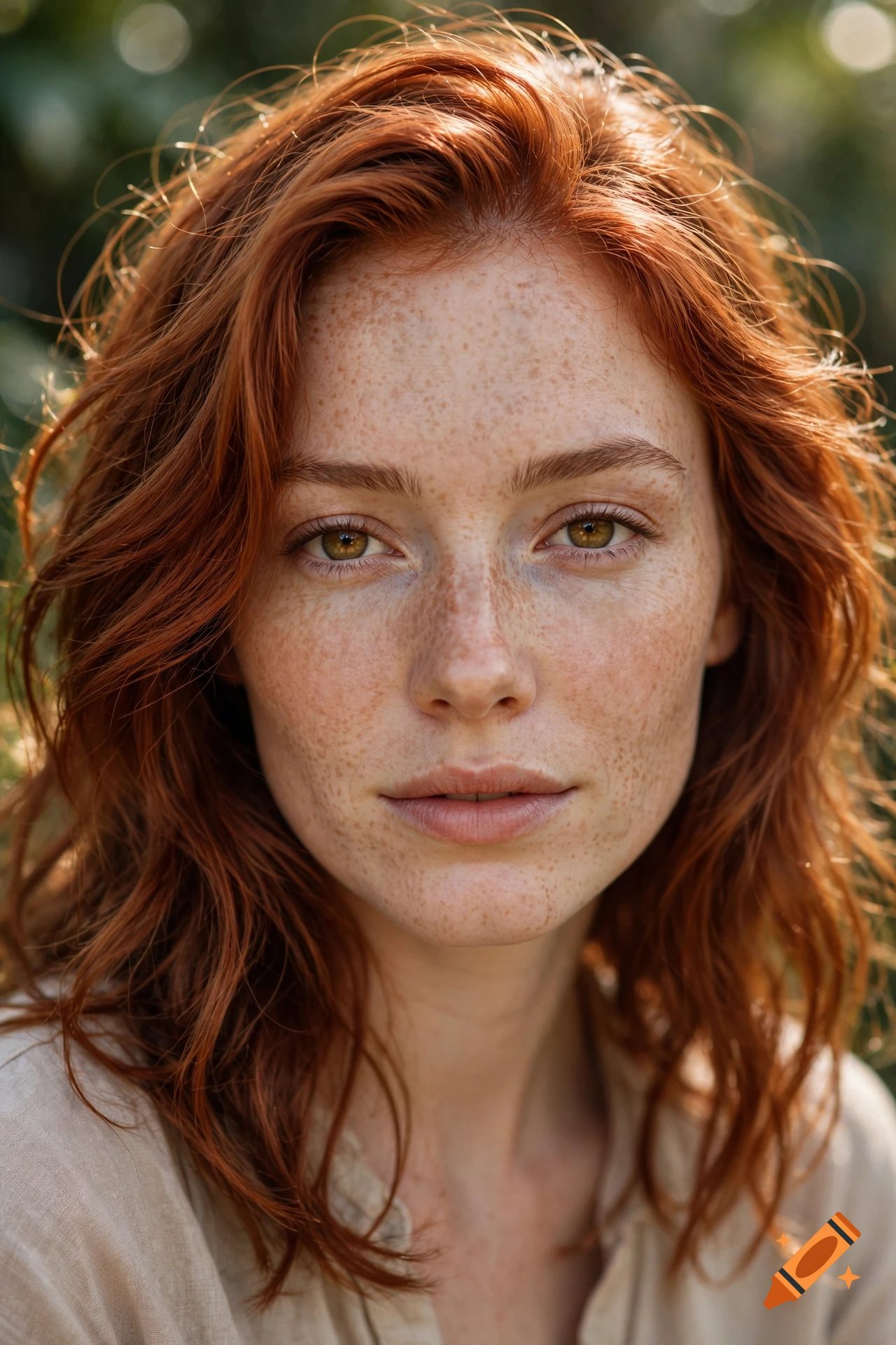 Close-up portrait of a young woman with vibrant red hair, freckles, and light green eyes outdoors.