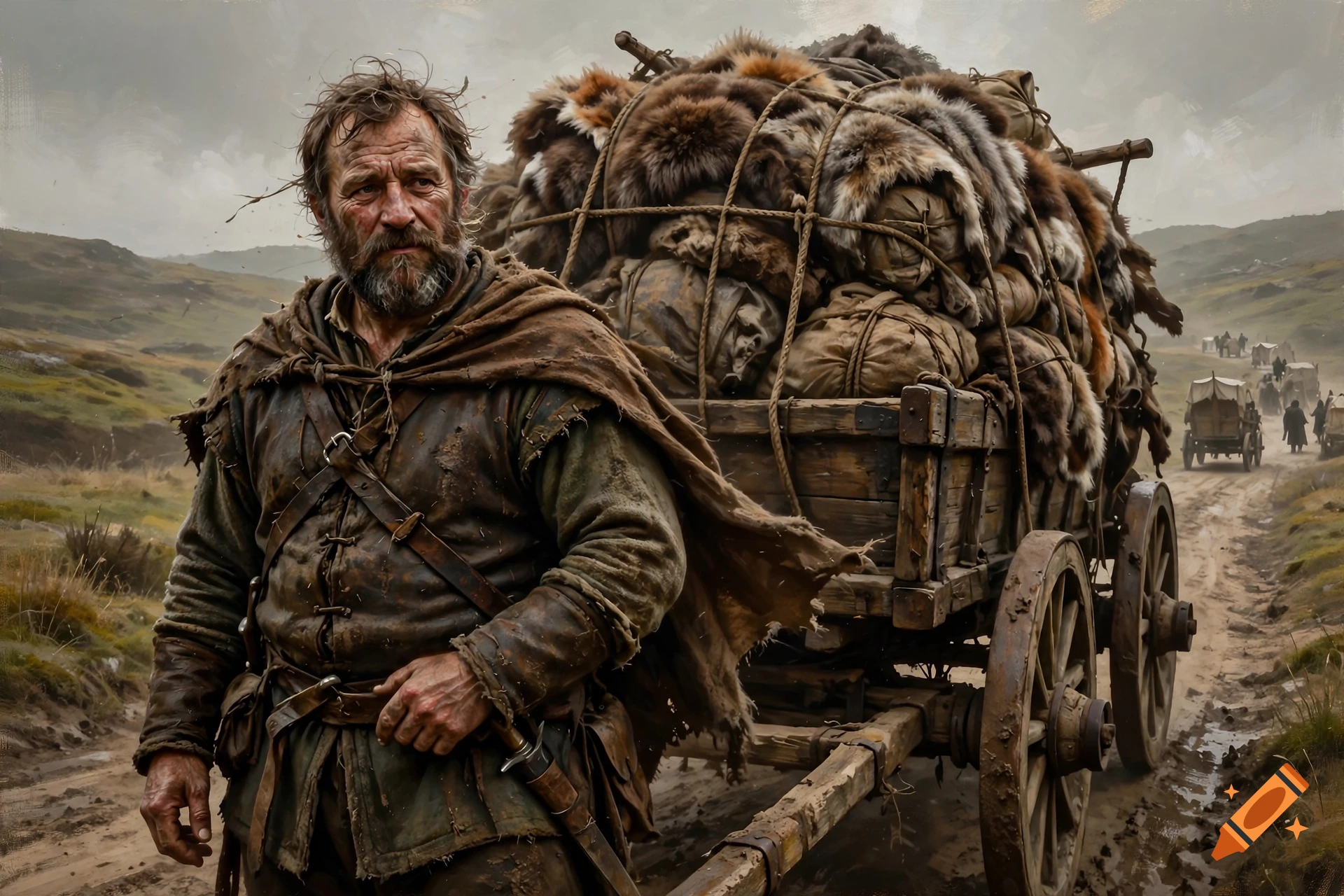 Digital painting of a gruff medieval wagon master standing beside a cart piled with furs on a dusty road.