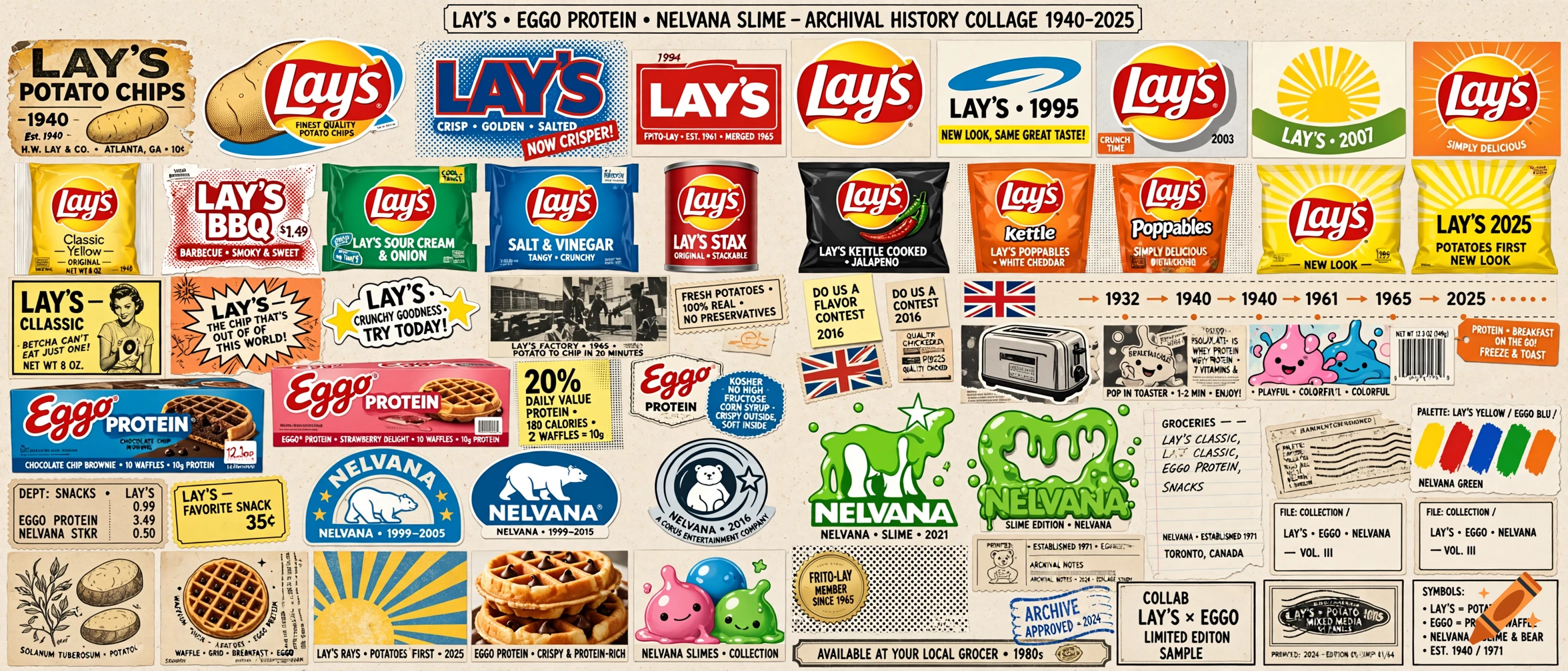 Archival history collage featuring Lay's potato chips, Eggo protein waffles, and Nelvana slime logos and products from 1940 to 2025.