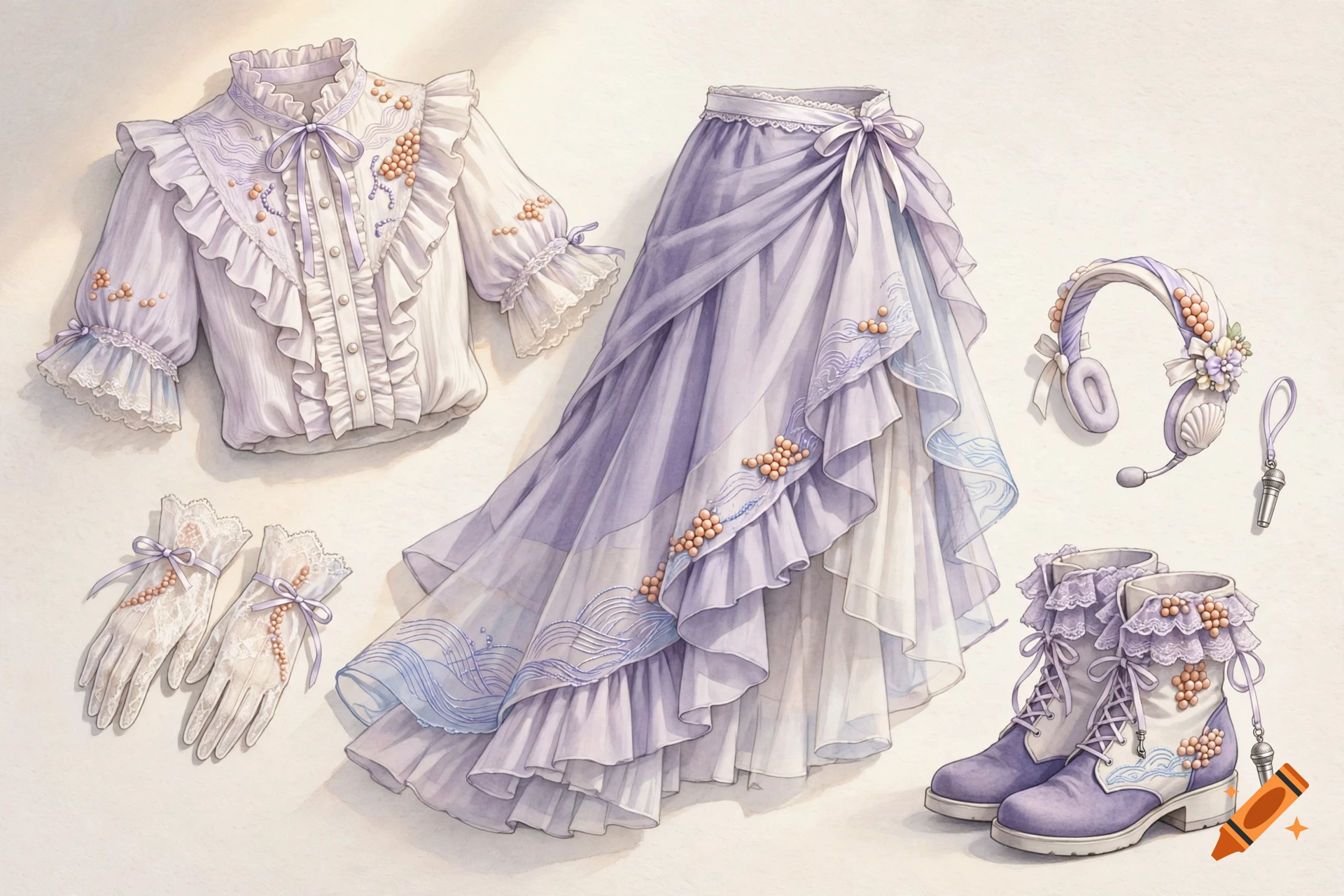 Watercolor illustration of a light purple and white VTuber-inspired outfit with ruffles, a skirt, gloves, headphones, and boots.