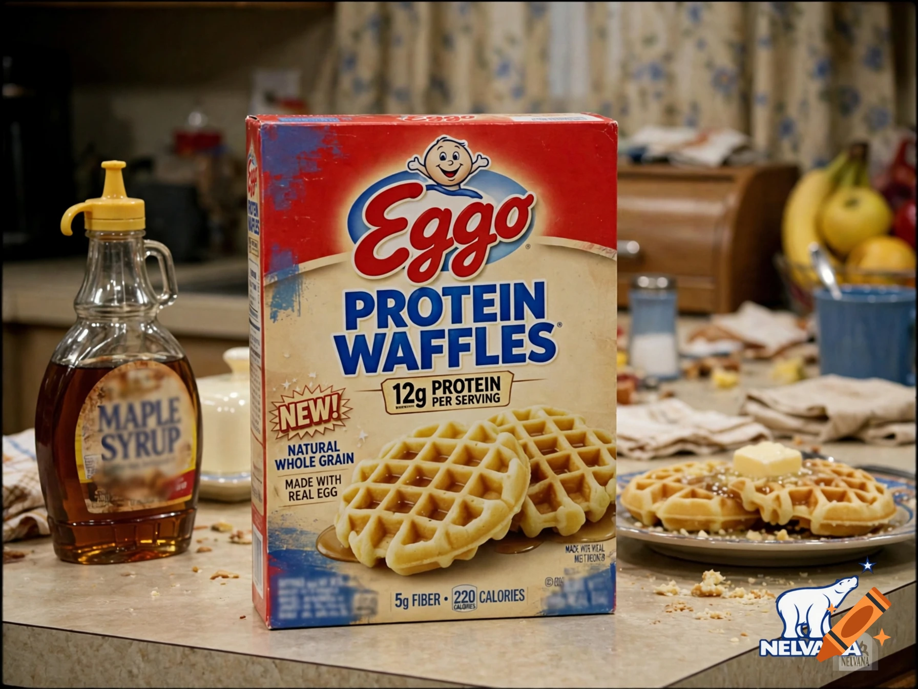 A 2005-style Eggo protein waffles box on a kitchen counter with maple syrup and waffles on a plate in the background.