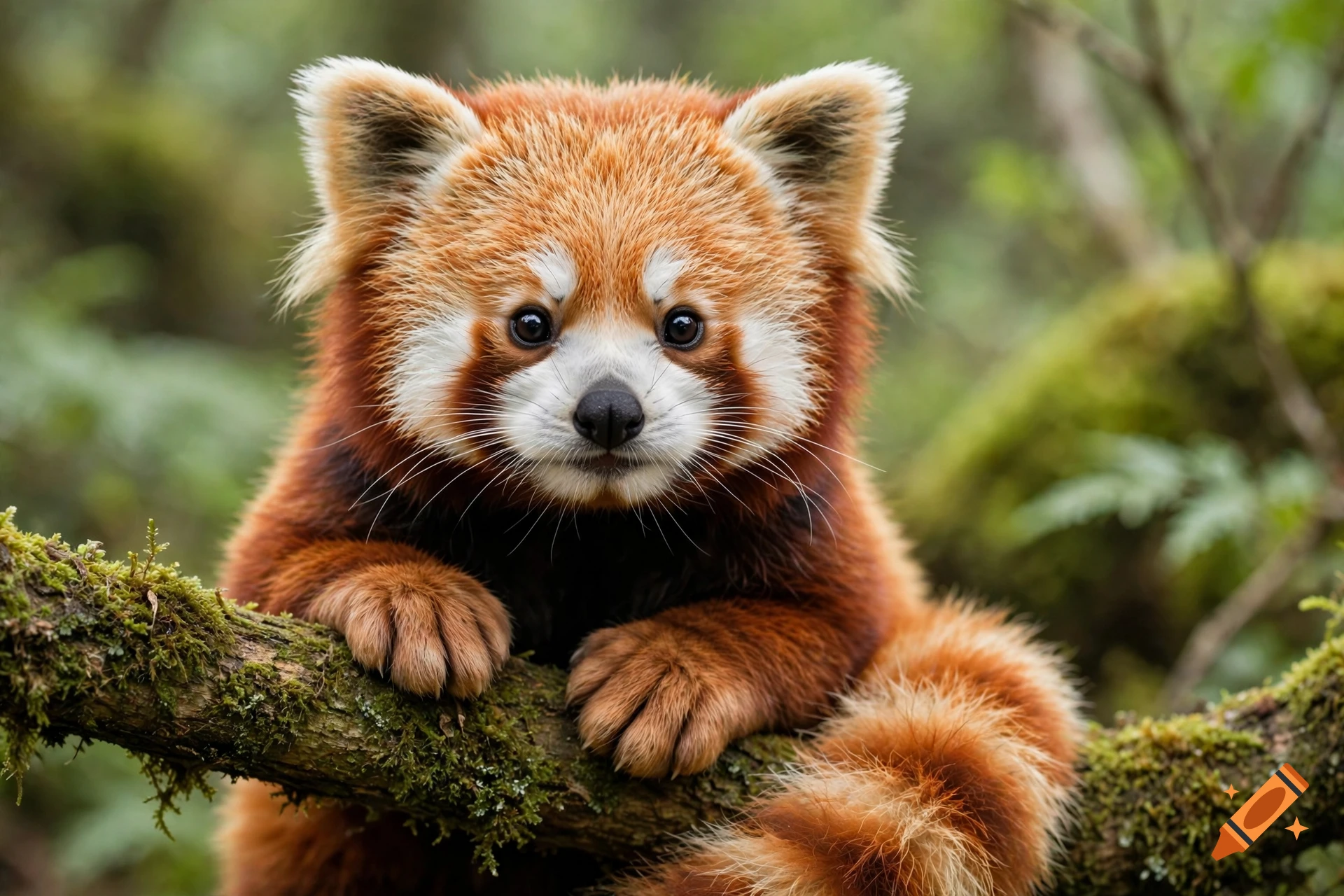 Photorealistic close-up of a cute red panda perched on a mossy tree branch in a lush forest.
