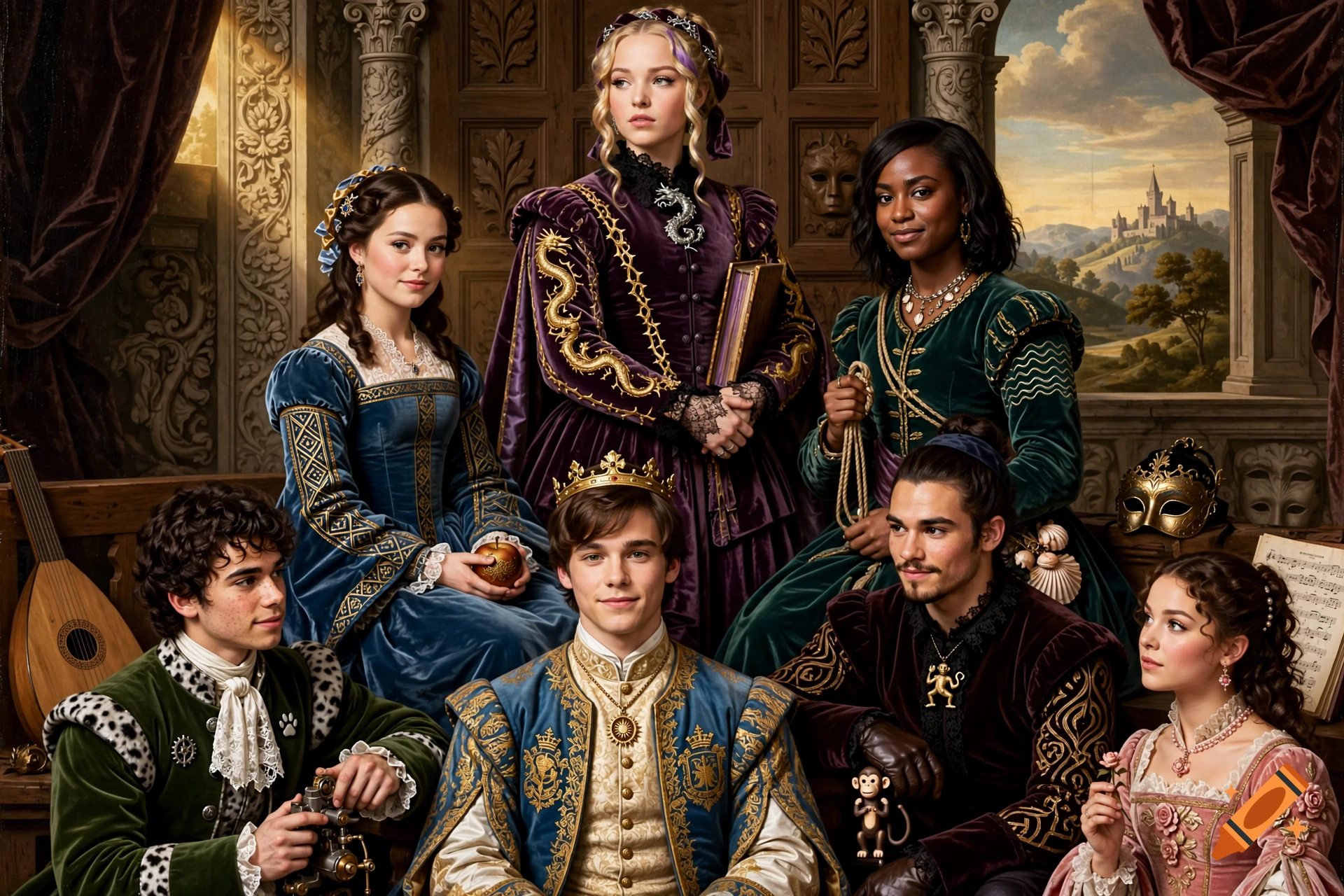 Renaissance style group portrait of seven diverse young adults in ornate royal attire posing indoors.
