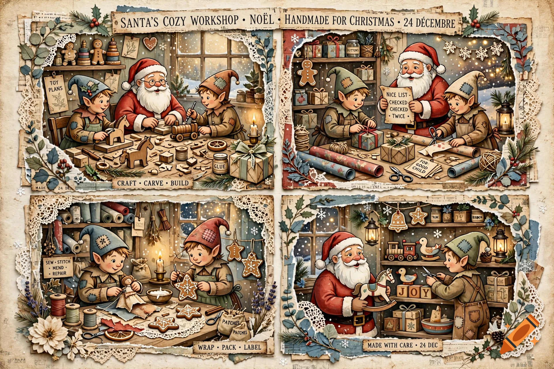 Vintage decoupage style illustration of four panels showing Santa and elves crafting toys and wrapping Christmas gifts.