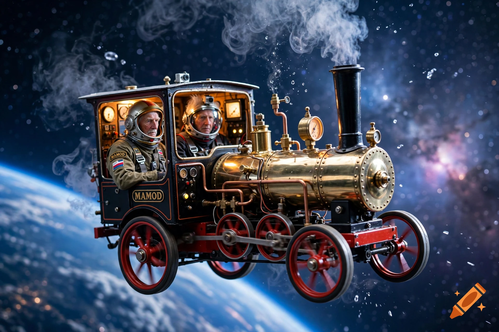 Photorealistic image of two elderly men in astronaut suits operating a Mamod model steam engine flying through space above Earth.
