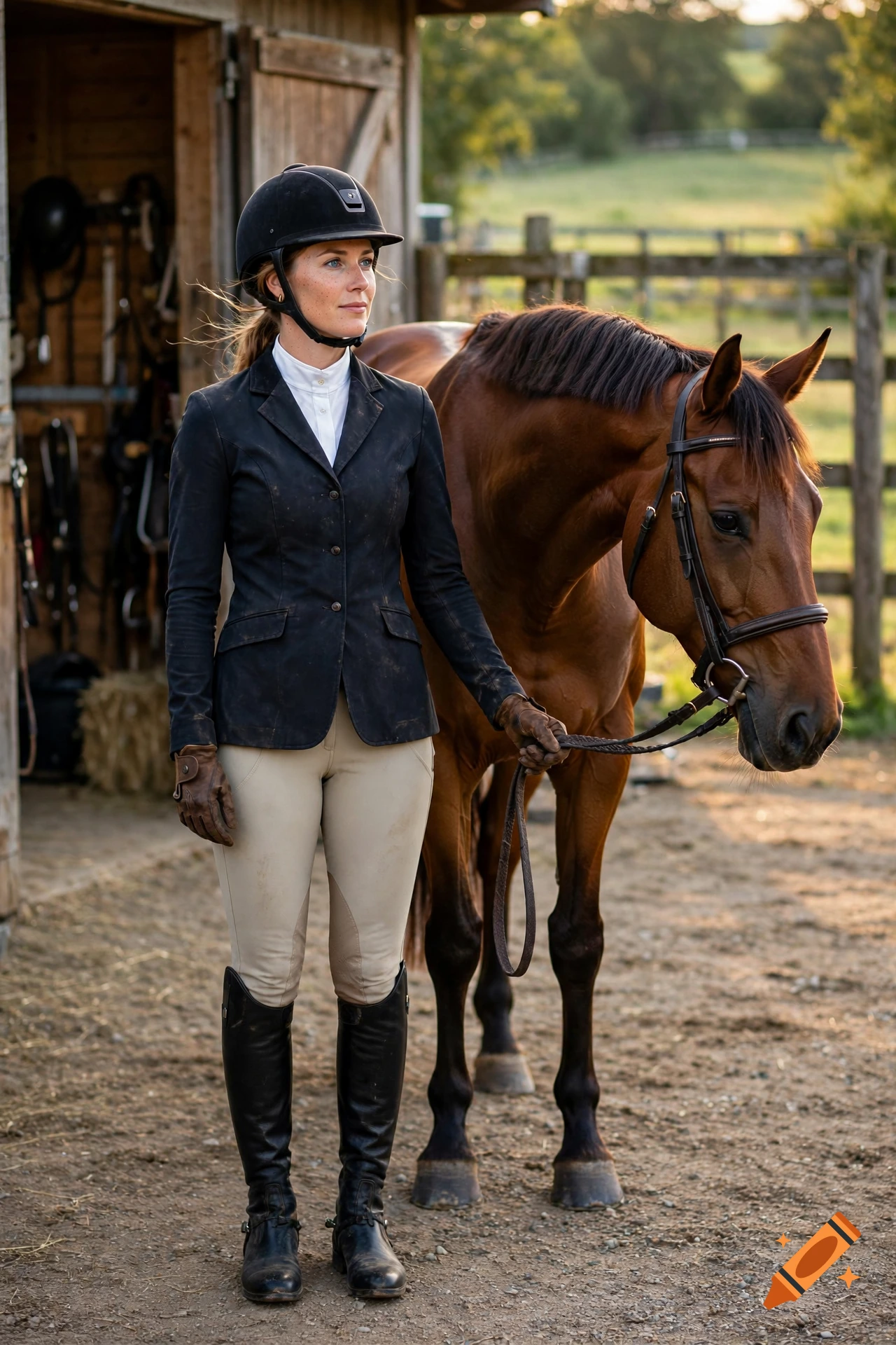 Photorealistic image of a woman in riding gear standing next to a horse by a stable door.